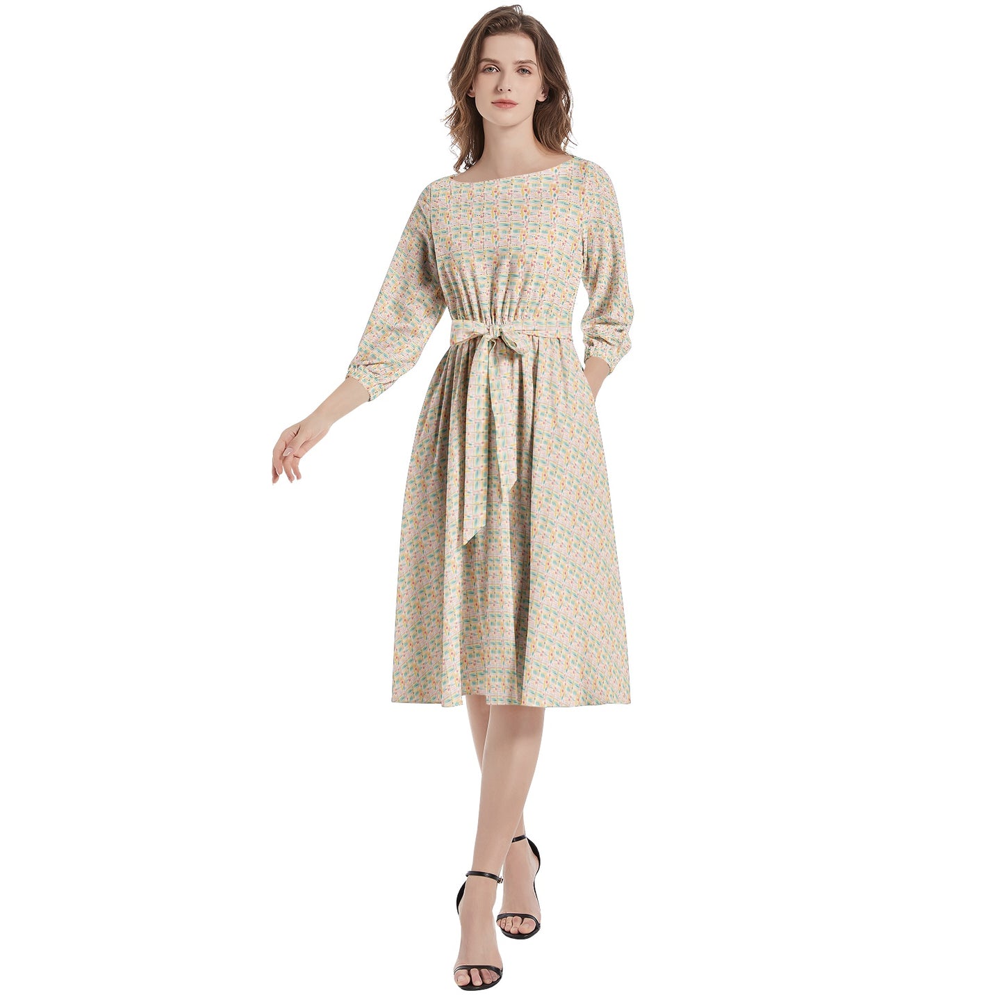 Floral AOP Pattern Summer Spring Boat Neck Belted Flared Dress