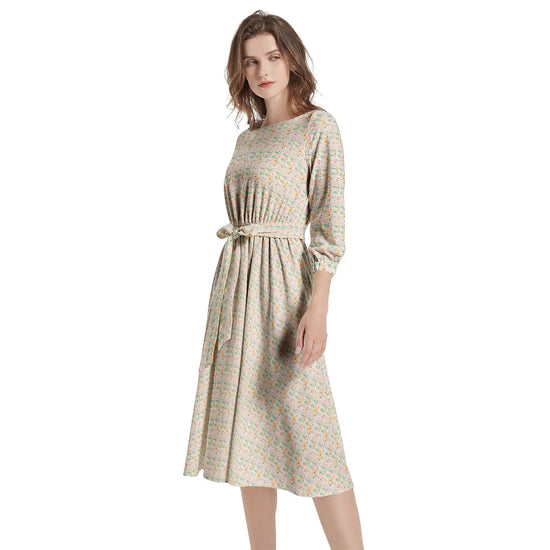 Floral AOP Pattern Summer Spring Boat Neck Belted Flared Dress Printy6