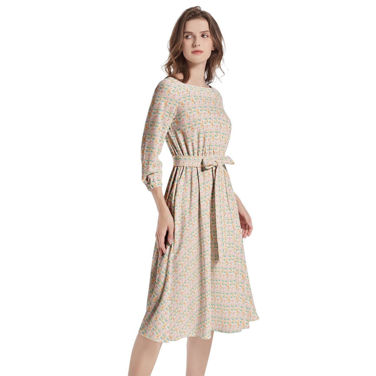 Floral AOP Pattern Summer Spring Boat Neck Belted Flared Dress