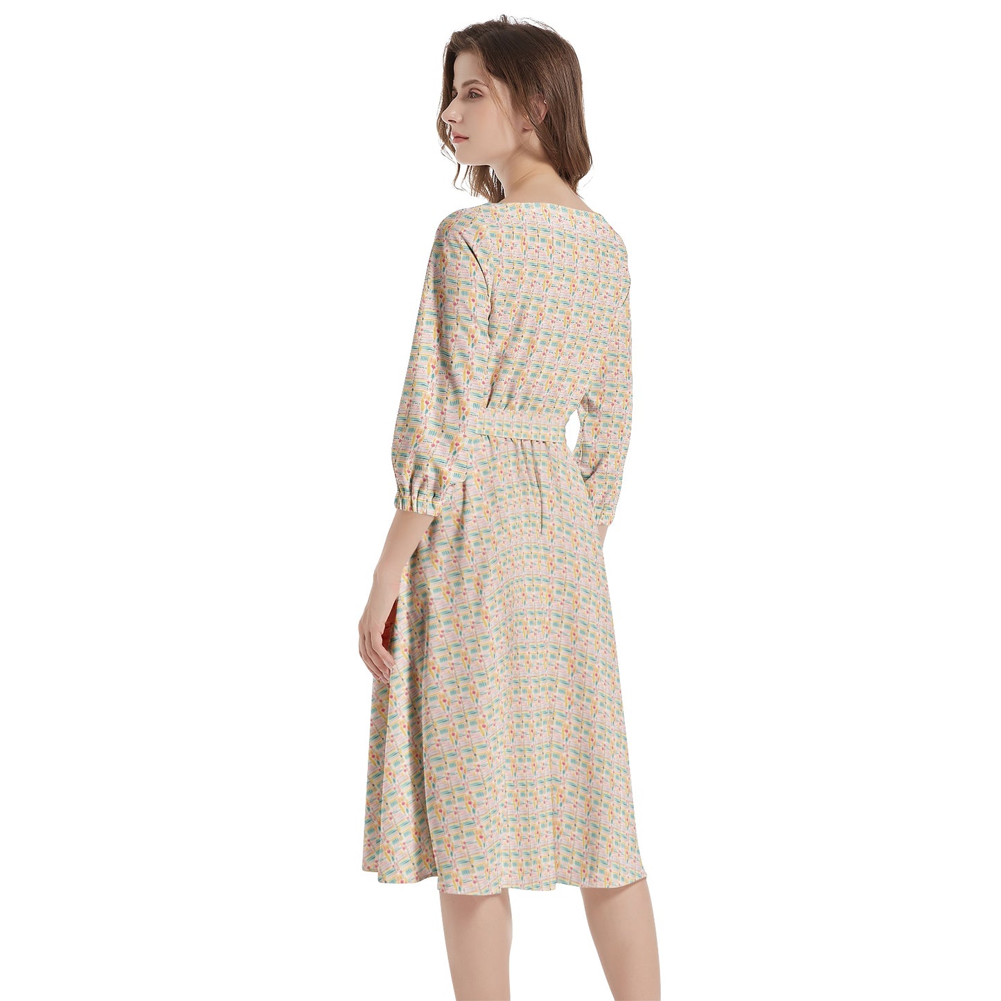 Floral AOP Pattern Summer Spring Boat Neck Belted Flared Dress