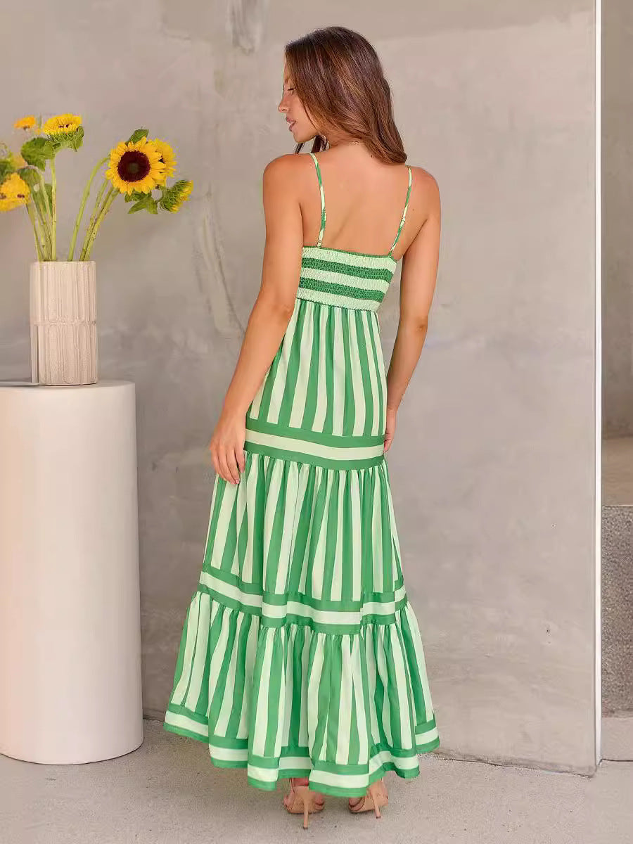 Summer Striped Printed Suspender Long Dress With Pockets | Fashion Square Neck Backless Dress
