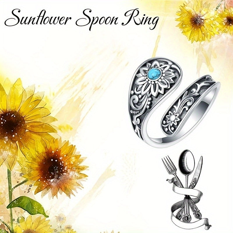 925 Silver Spoon Ring - Exquisitely Carved With Sunflowers, Embellished With Inlaid Turquoise