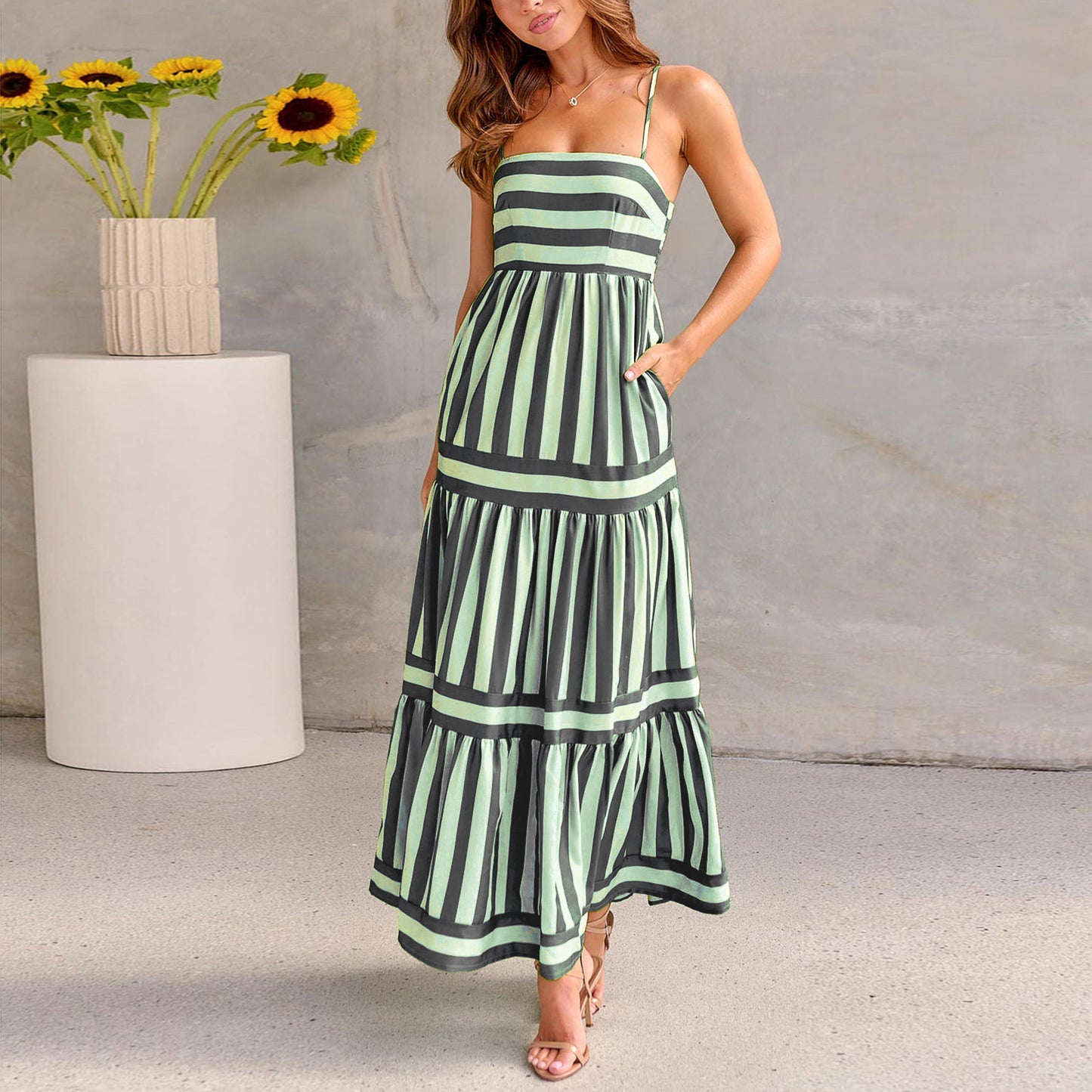 Summer Striped Printed Suspender Long Dress With Pockets | Fashion Square Neck Backless Dress