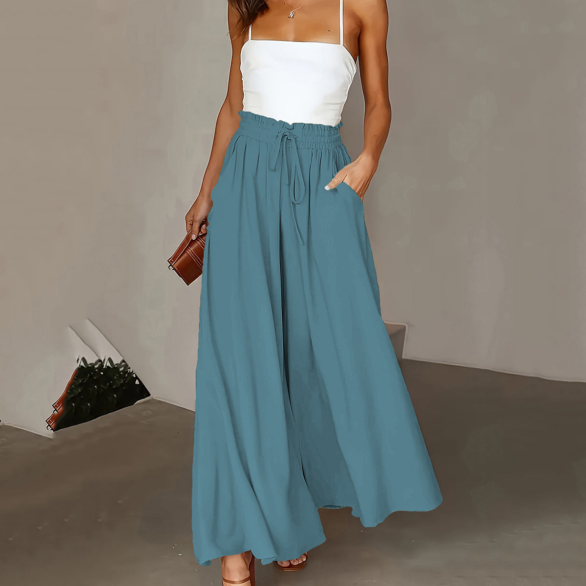 Plus Size Wide Leg Pants - Stylish Solid Paper Bag Waist Design, Elegant Pocket Tie Front, Loose Fit Comfort