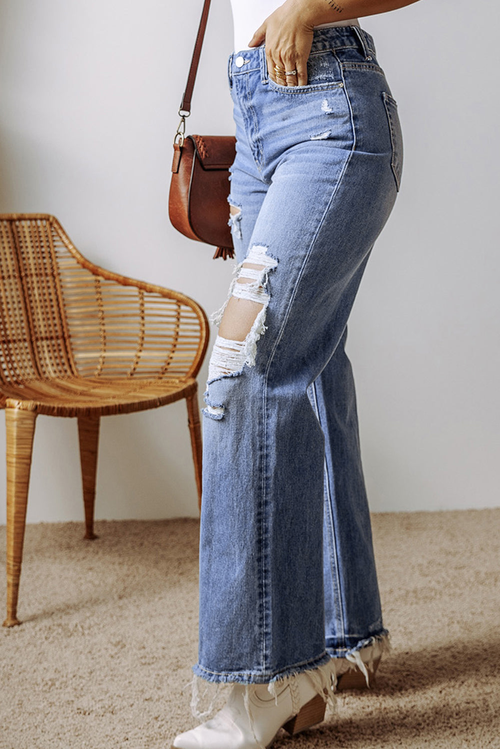 The Aurora Touch Blue Distressed Raw Hem Straight Leg High Waist Jeans