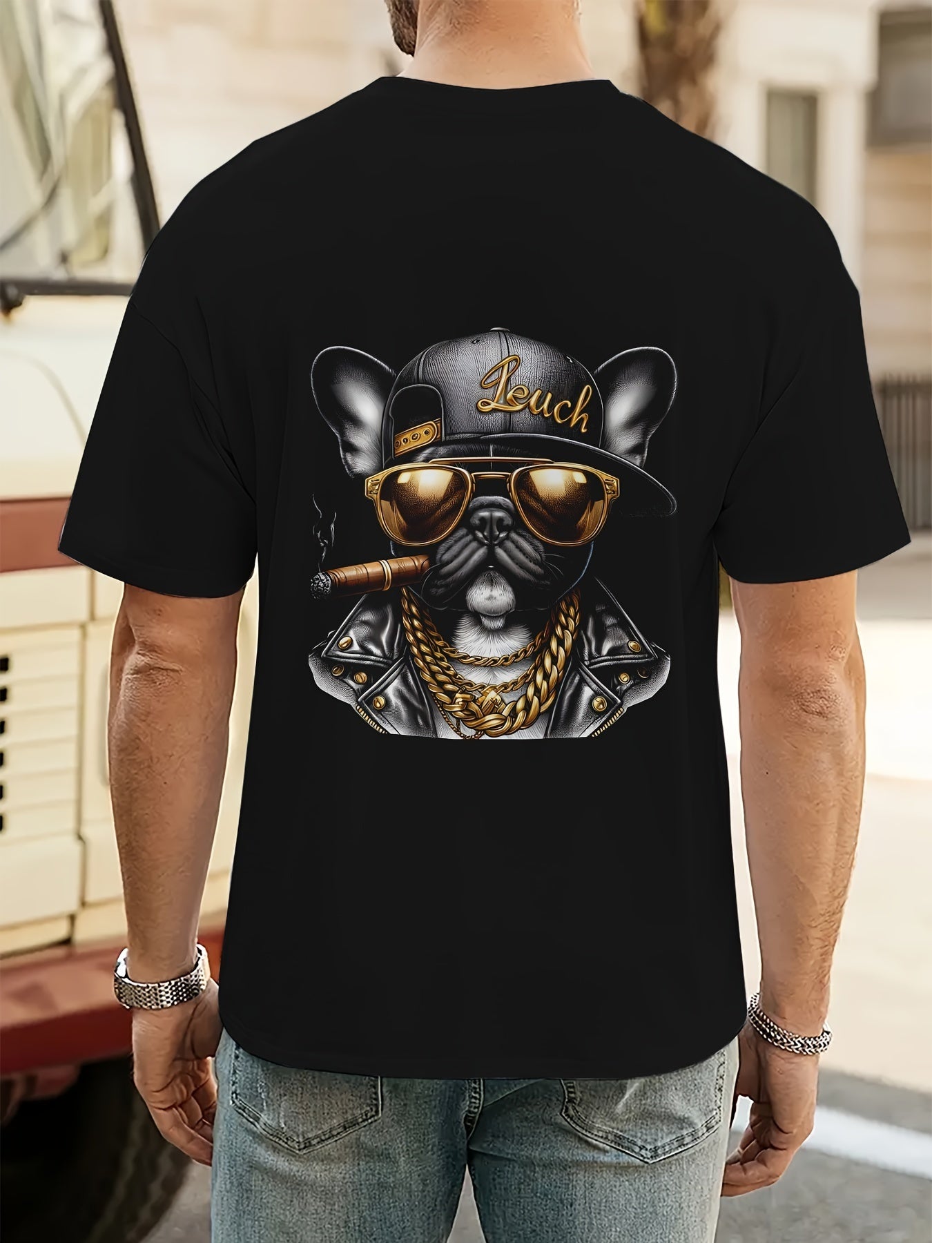 Cool Hip-hop Dog Gold Chain Pattern Print, Men's Round Neck Short Sleeved T-shirt, Casual Men's Top