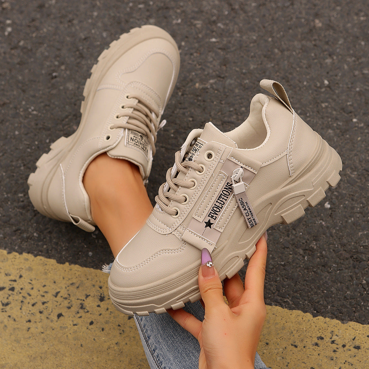 Lace-up Sports Shoes With Side-Zipper Design | Fashion Thick-soled Round-toe Casual Shoes For Women Sneakers