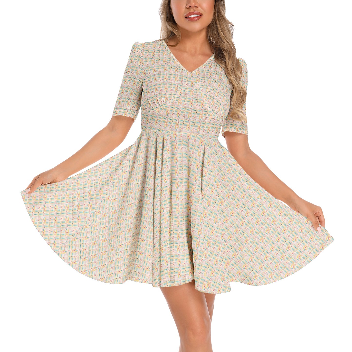 Short Sleeve Ruched Bust Flared Floral Print Pattern Hem Dress