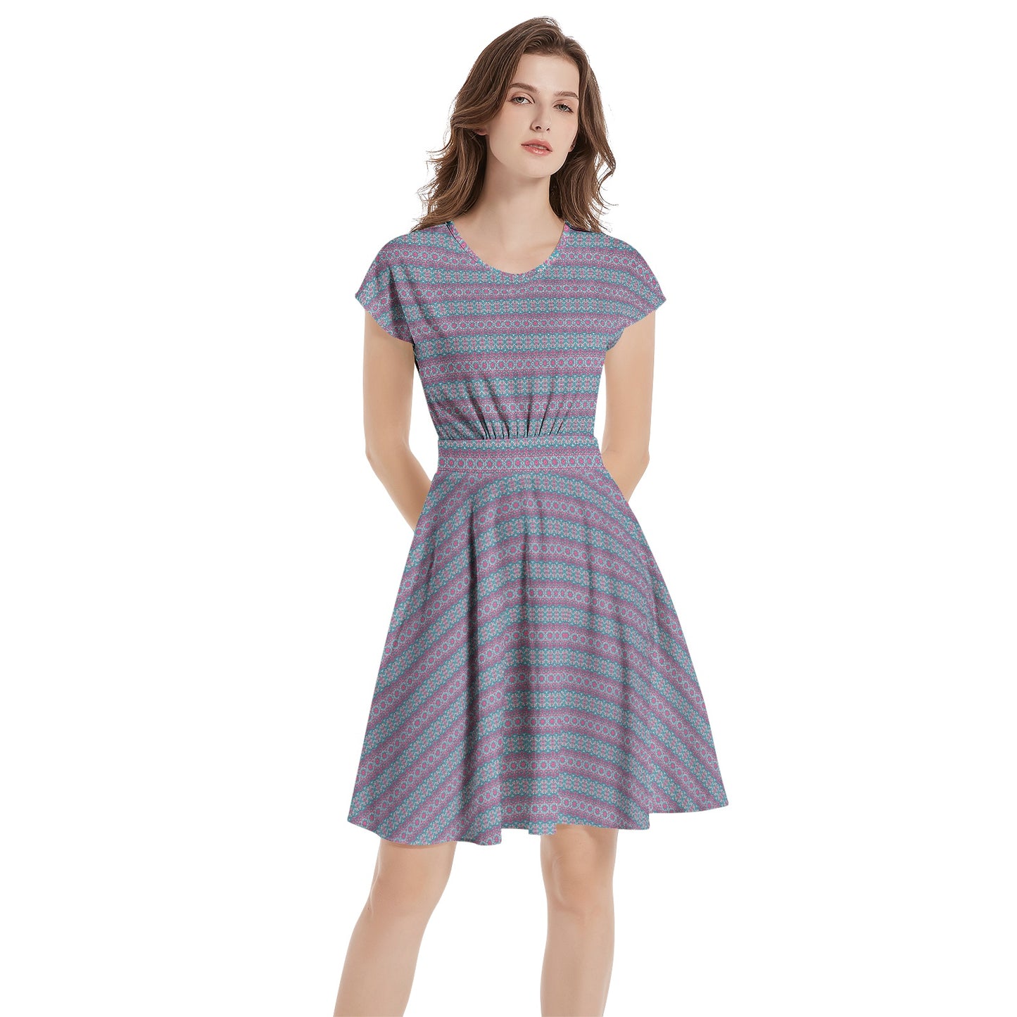 Womens Vibrant Blue Purple Short Sleeve Casual A-Line above the knee Dress