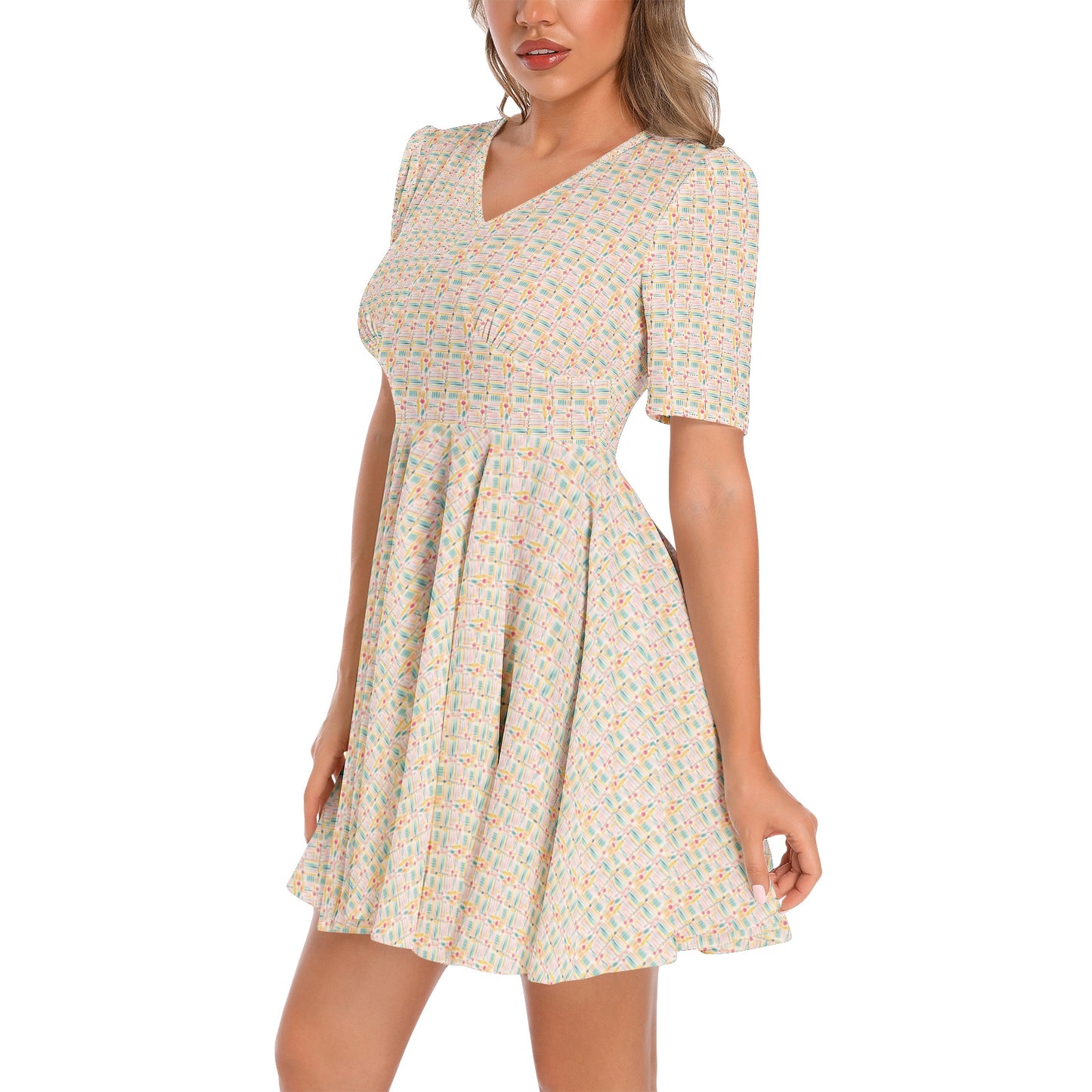 Short Sleeve Ruched Bust Flared Floral Print Pattern Hem Dress