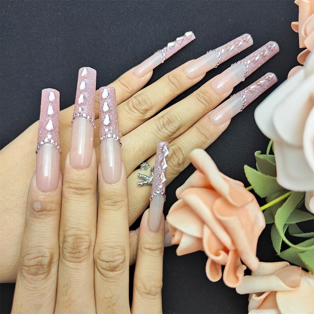 New Shiny Crystal Long Press on Nails with Diamonds
