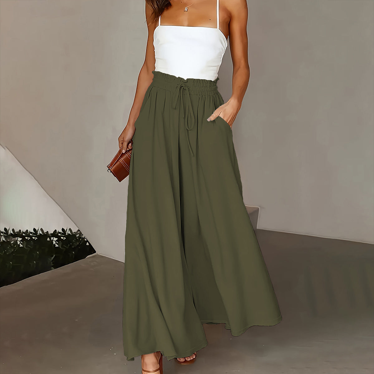 Plus Size Wide Leg Pants - Stylish Solid Paper Bag Waist Design, Elegant Pocket Tie Front, Loose Fit Comfort