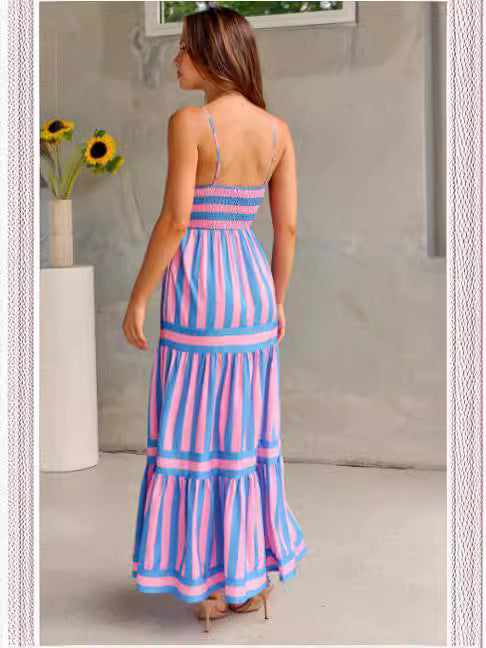 Summer Striped Printed Suspender Long Dress With Pockets | Fashion Square Neck Backless Dress
