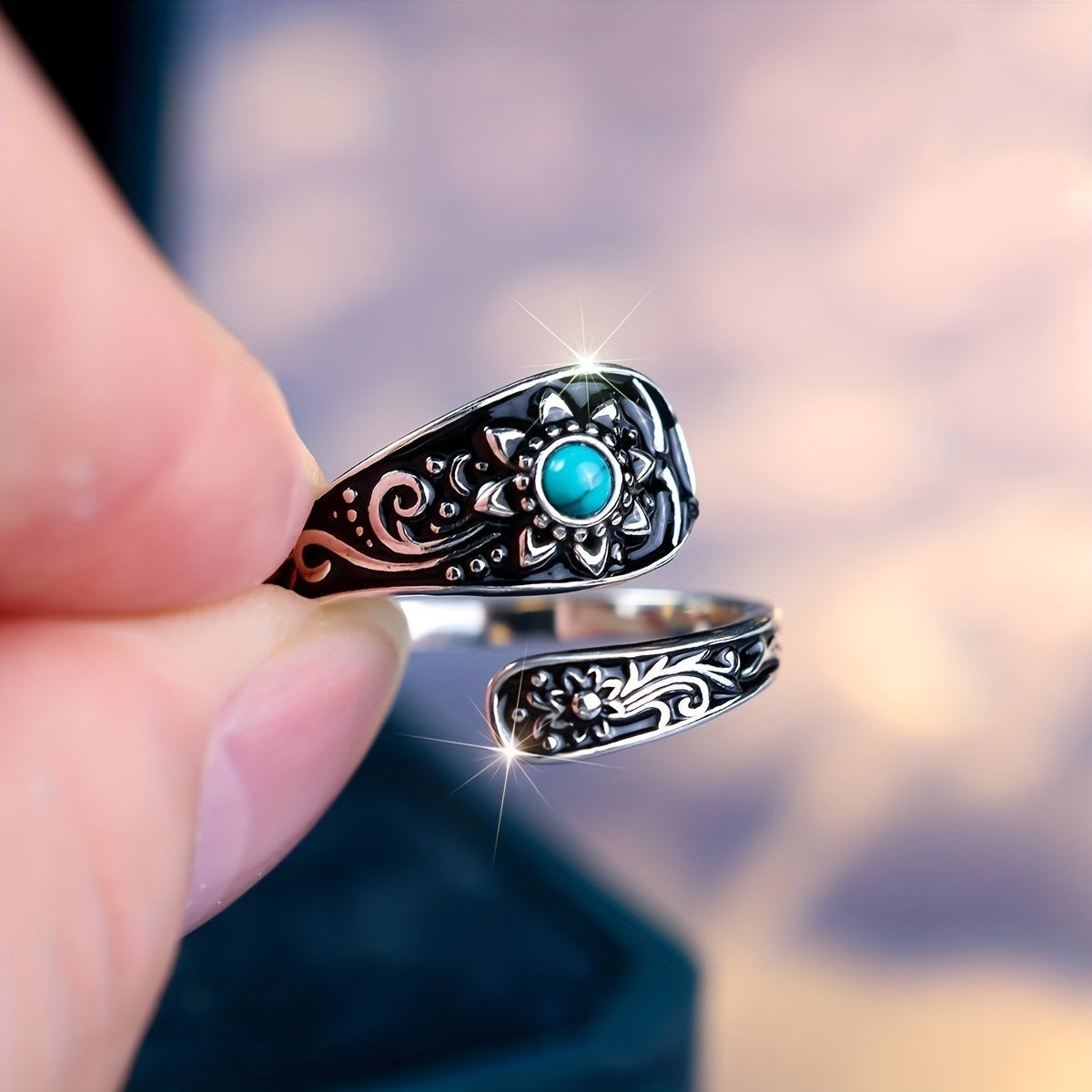 925 Silver Spoon Ring - Exquisitely Carved With Sunflowers, Embellished With Inlaid Turquoise