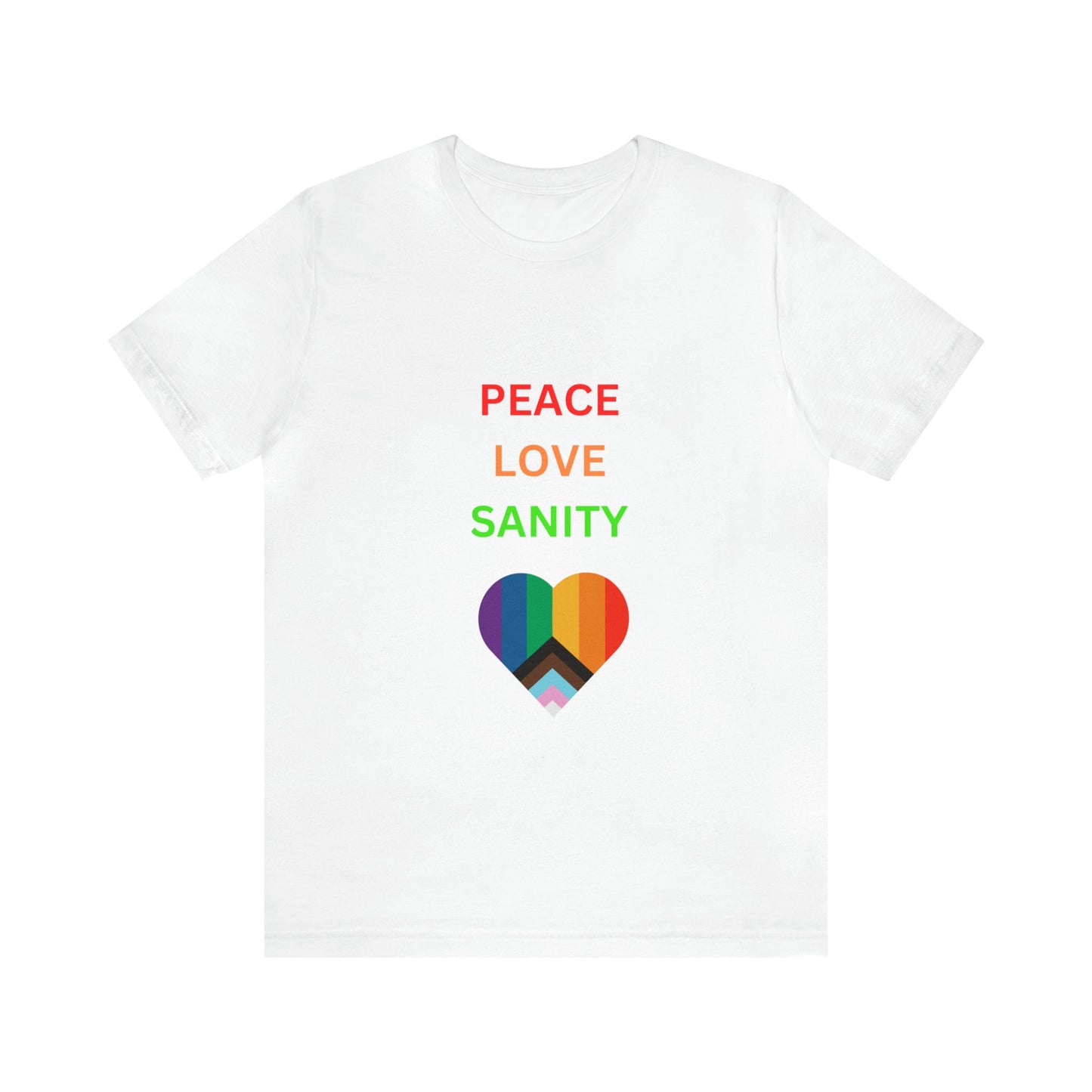 Pride White Tshirt, Unisex Pride peace love unity LGBTQ+ casual proud rainbow heart design shirt