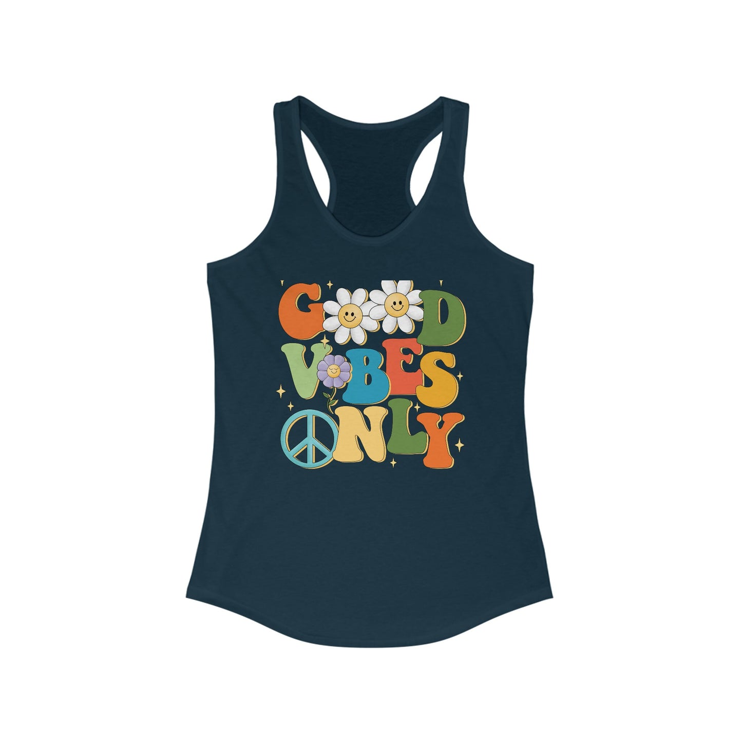 Women's Blue Ideal Racerback Tank, Good vibes only groovy retro stylo design laidback cool summer casual beach day travel women wear top