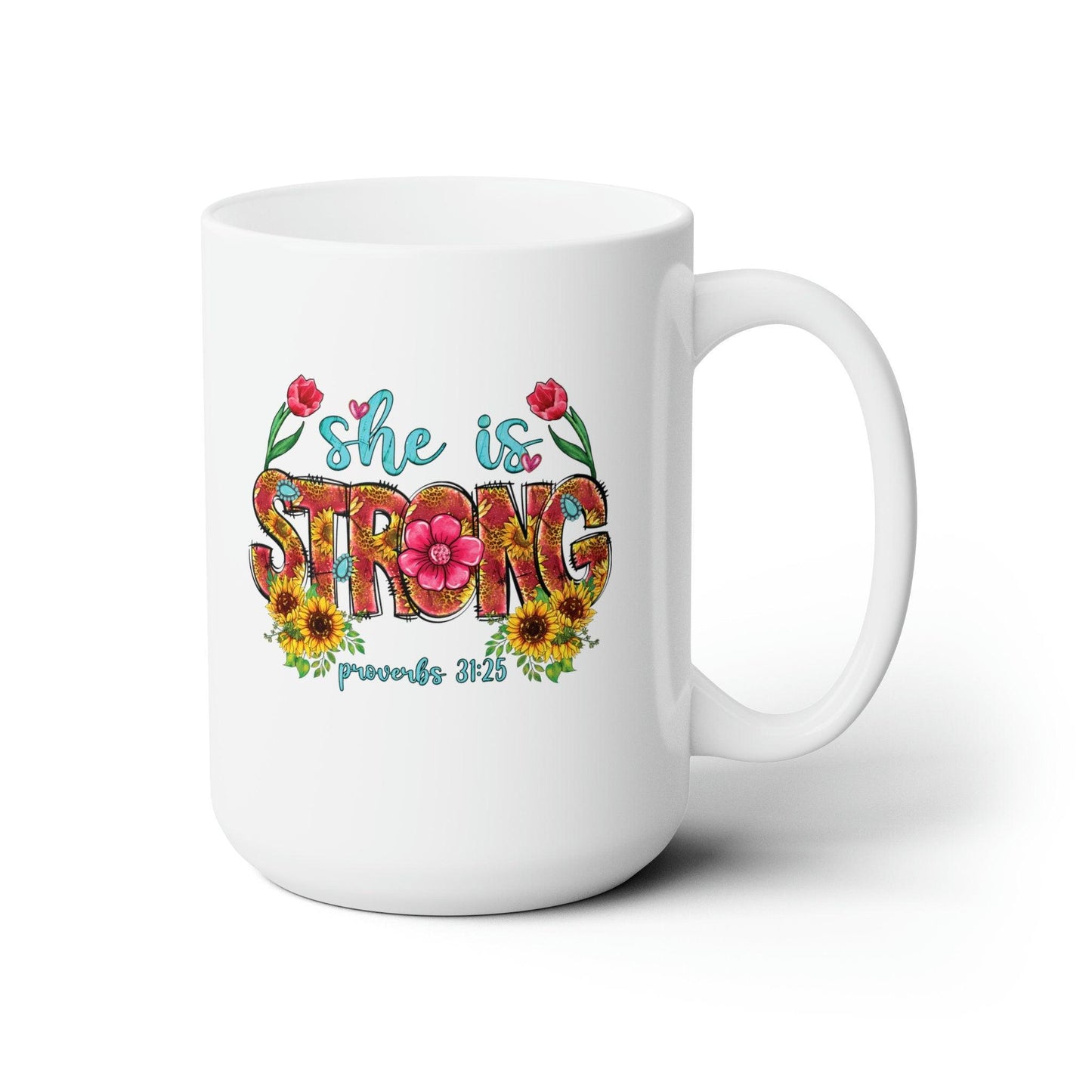 Ceramic Mug 15oz, women's strong empowerment faith based inspirational Christianity based bible verse large drinking cup