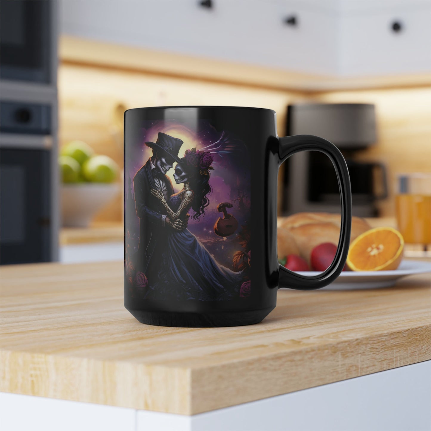 Black Mug, 15oz, Day of the Dead Dia de Los Muertos traditional couple print potrait Halloween season festive kitchen decor beverage cup