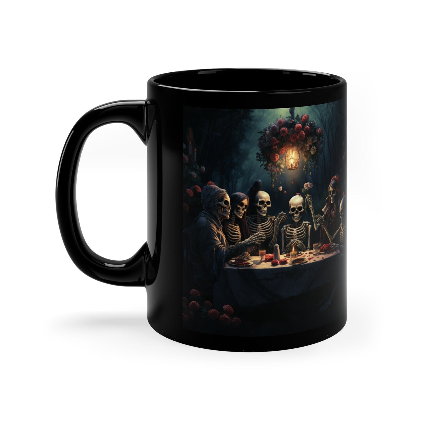 11oz Black Mug,Black Mug, Dia de Los Muertos, Day Of the Dead, Halloween Mug, Festive mug, Skeleton Family, Halloween Dinner, Novelty Mug