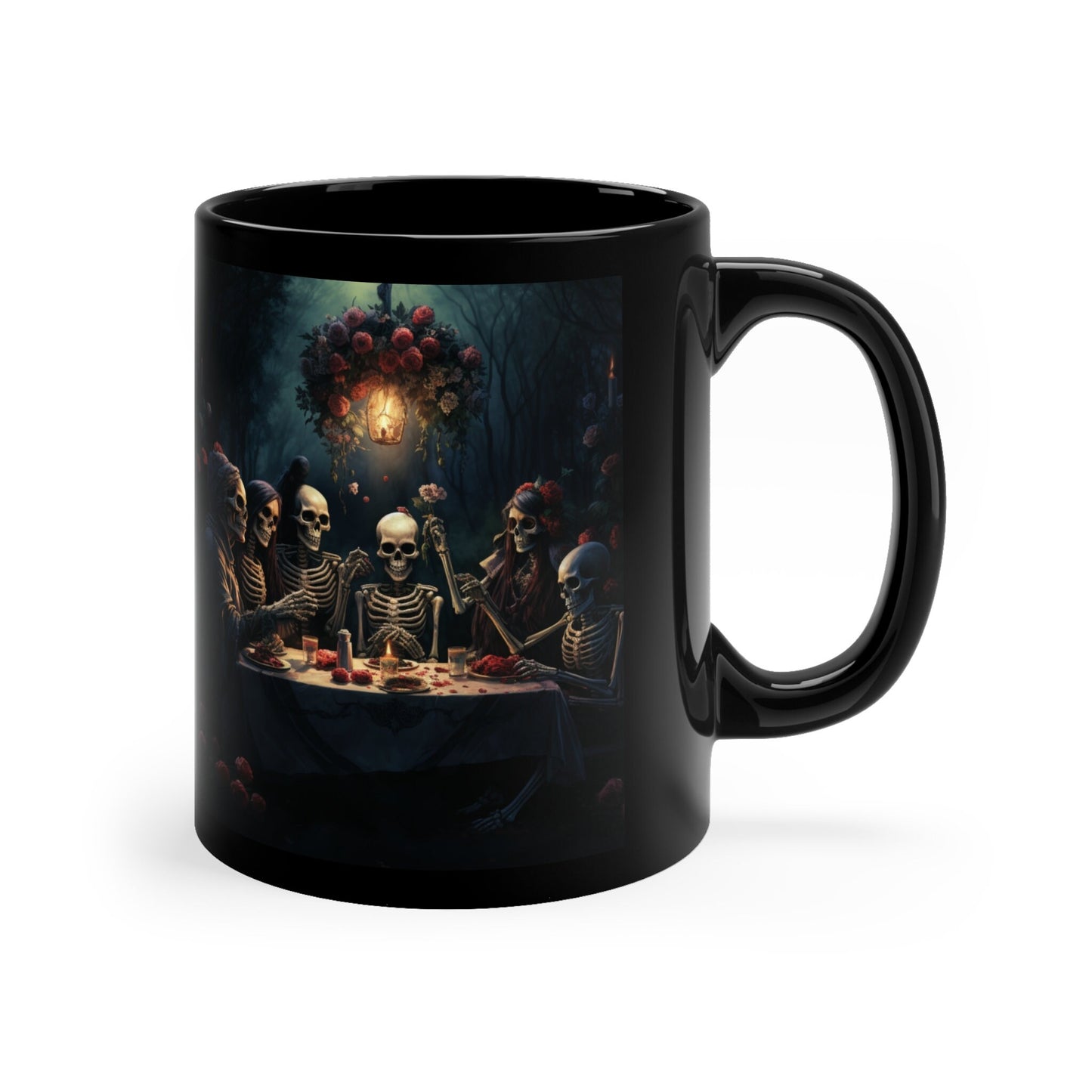11oz Black Mug,Black Mug, Dia de Los Muertos, Day Of the Dead, Halloween Mug, Festive mug, Skeleton Family, Halloween Dinner, Novelty Mug