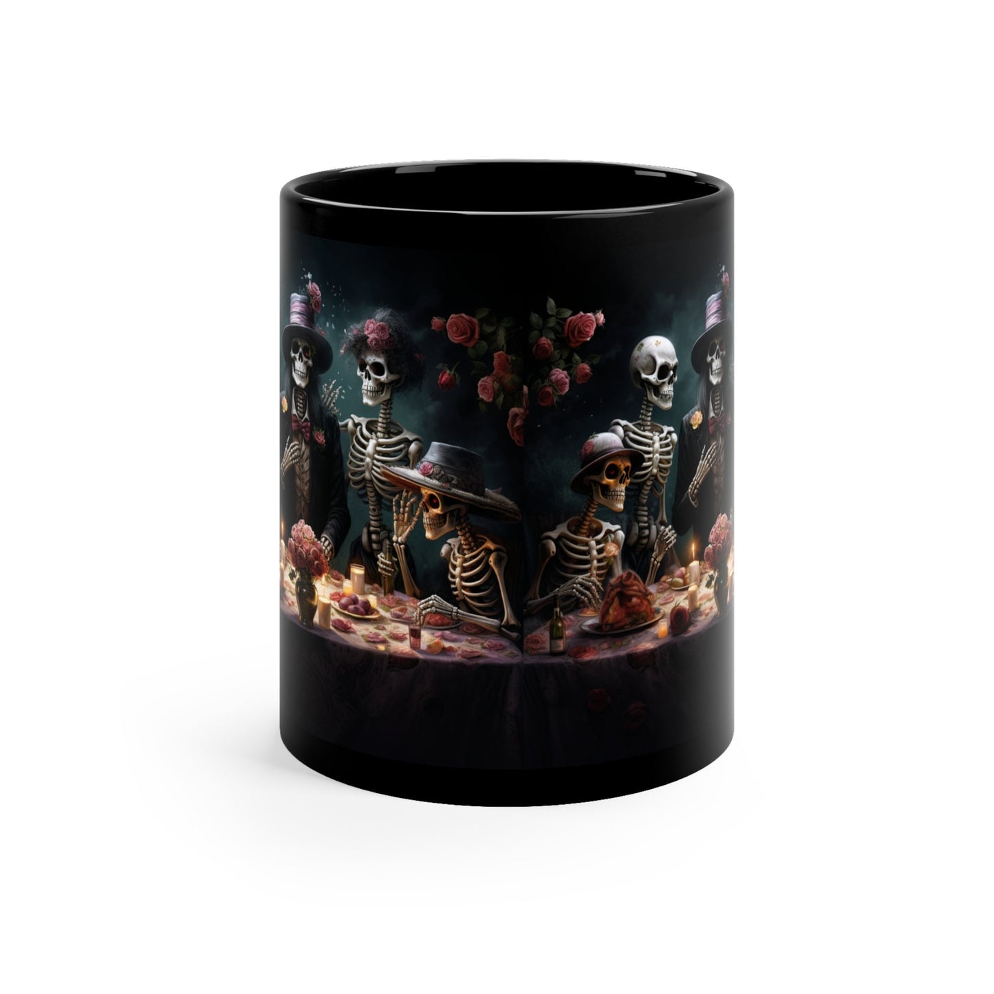 11oz Dia de Los Muertos Black Mug 11oz Day Of the Dead Halloween festive skeleton family dinner party portrait traditional Mexican art