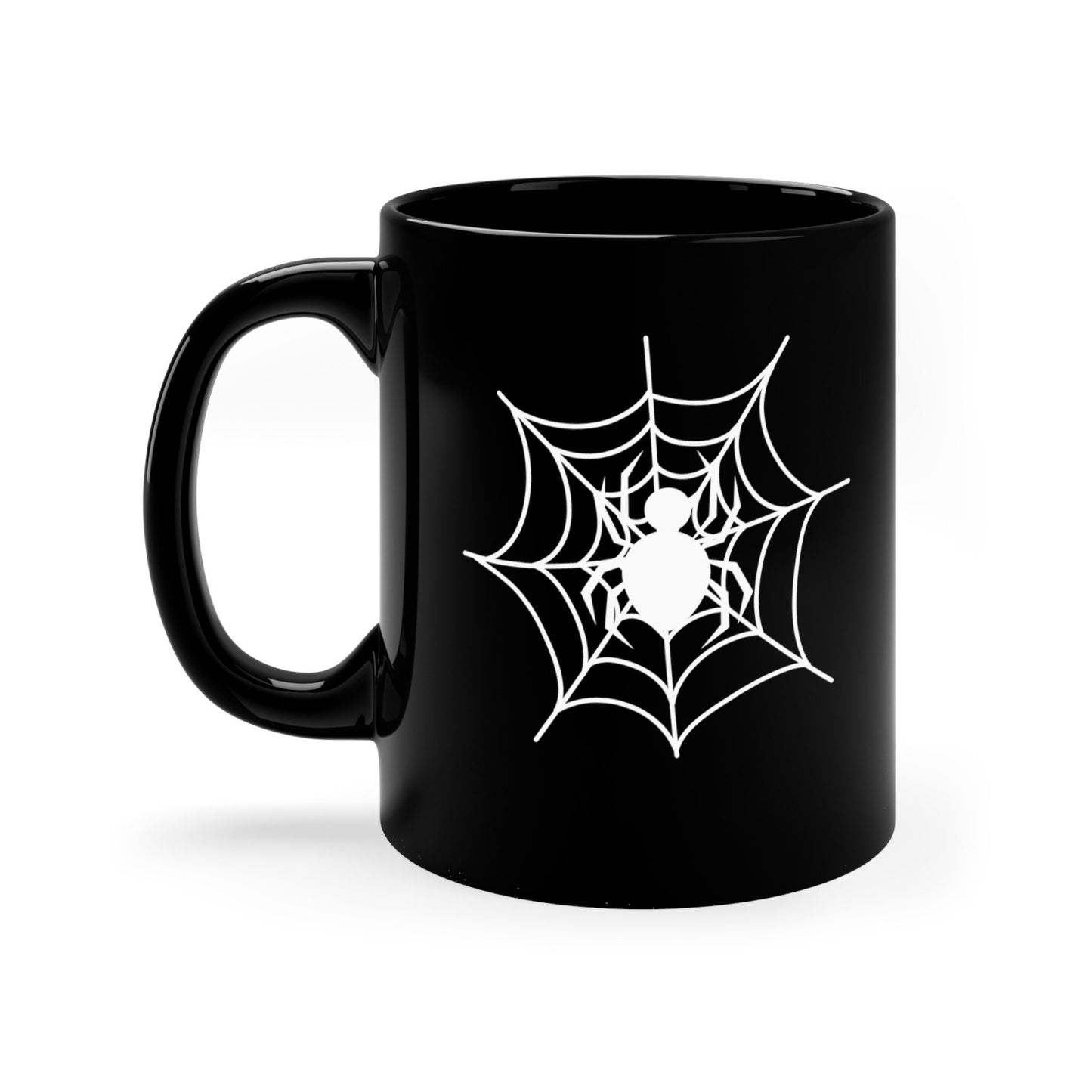 11oz Black Mug, Halloween Holiday spiderweb white print double side design spooky kitchen festive coffee tea water office home everyday cup