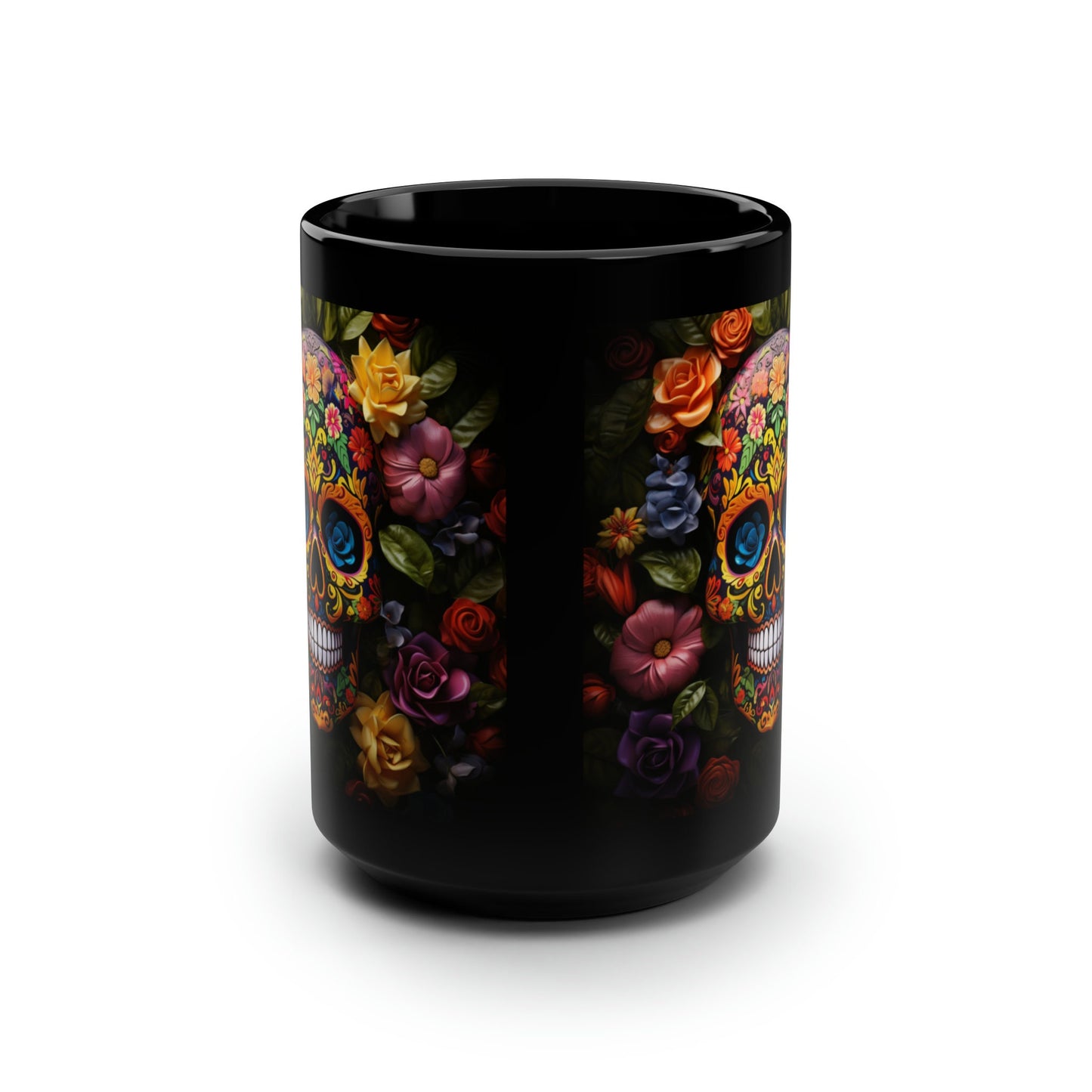 Black Mug, 15oz, Artistic Mug, Colorful Art, Day of The Dead, Dia de Los Muertos, Halloween Mug, Large Coffee Mug, Festive Mug, Holiday Mug