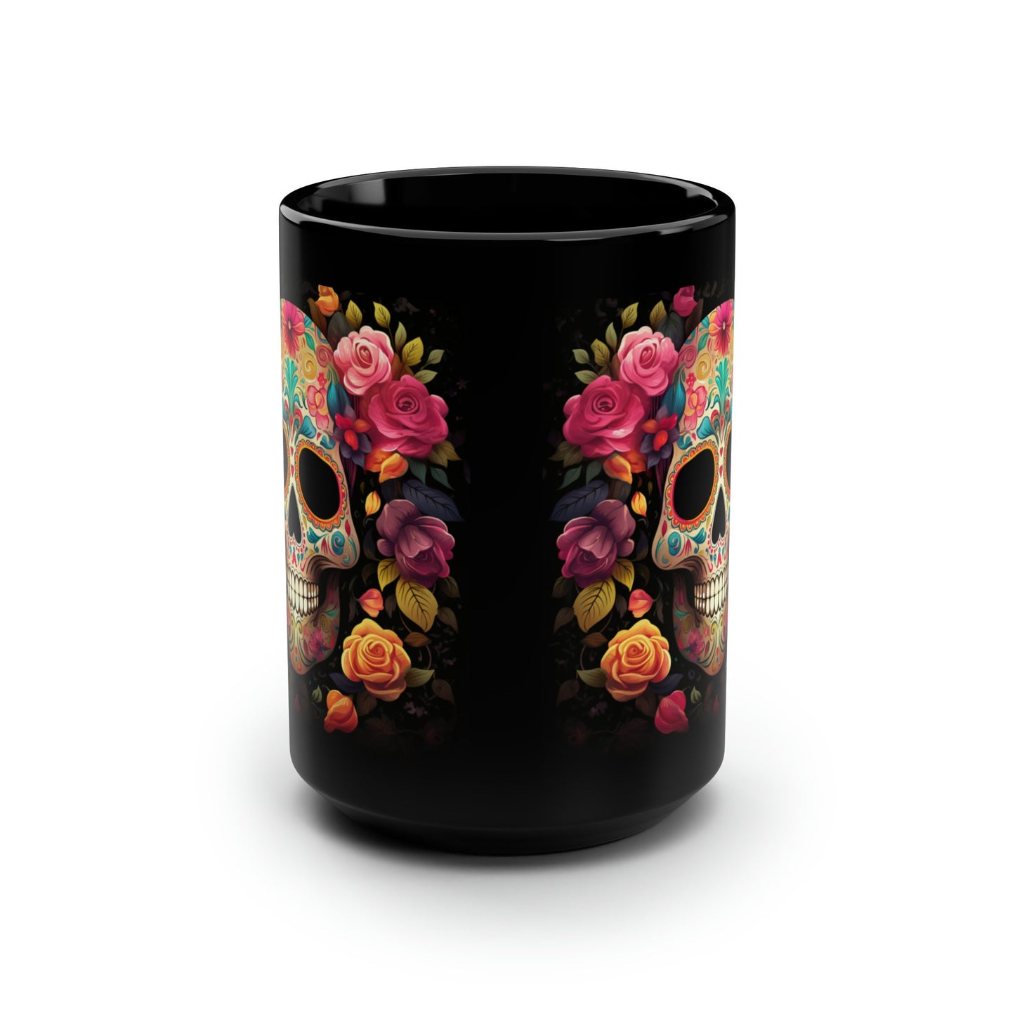 Black Mug, 15oz, Colorful Art, Cadaver, Day of The Dead, Dia de Los Muertos, Halloween Mug, Large Coffee Mug, Festive Mug, Holiday Mug