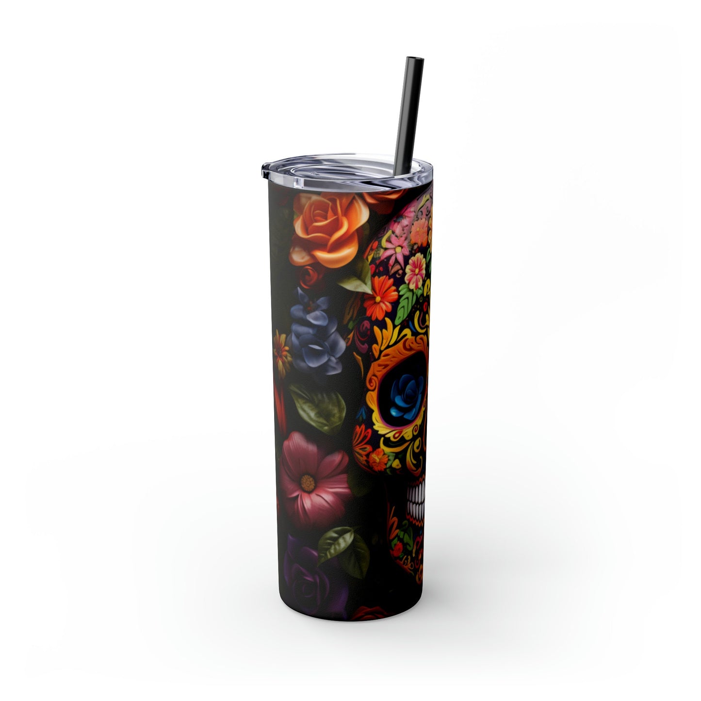 Skinny Tumbler with Straw, 20oz, Dia de Los Muertos, Day of the Dead, Halloween tumbler, Cadaver design, Artistic Tumbler, Colorful Tumbler
