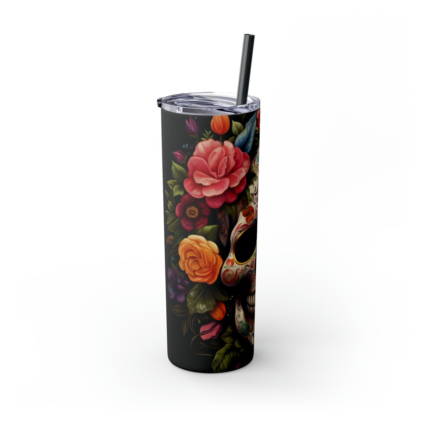 Skinny Tumbler with Straw, 20oz, Dia de Los Muertos day of the dead Mexican tradition artistic non- toxic hot cold carry around mug tumbler