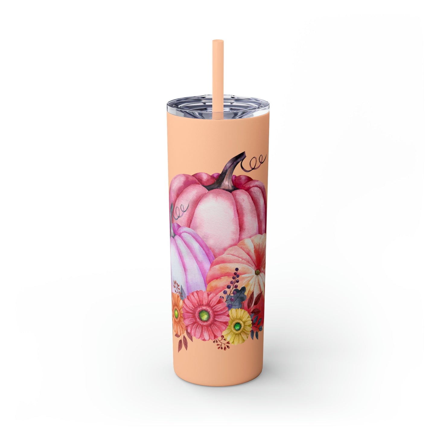 Skinny Tumbler with Straw, 20oz, Pumpkin design, Pink Tumbler, Fall Tumbler, Holiday Tumbler, Festive Tumbler, hot coffee tumbler