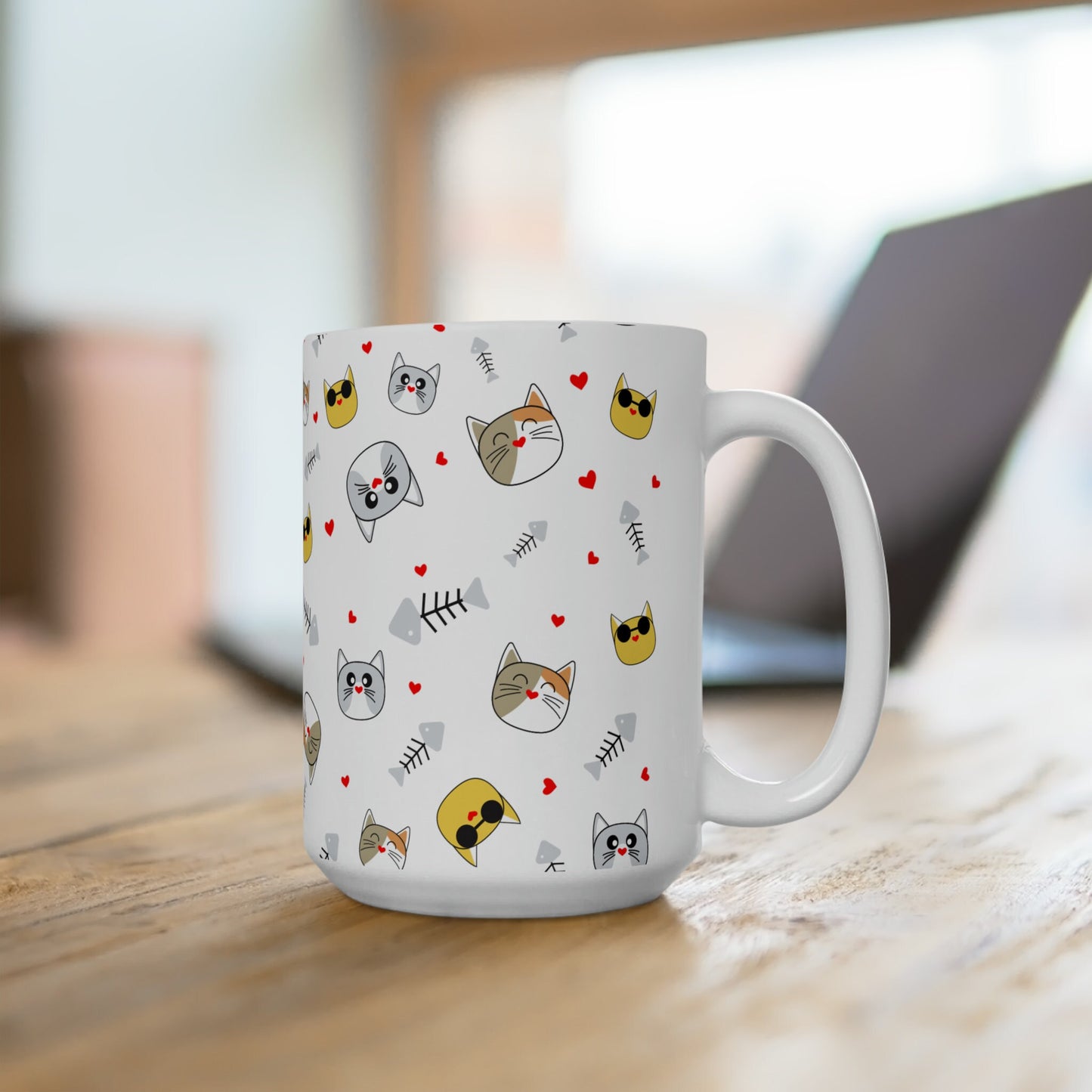 Ceramic Mug 15oz, Kitty Mug, Patter Mug, Coffee Mug, Novelty Mug, Animal Print Mug, White mug, Colorful Mug