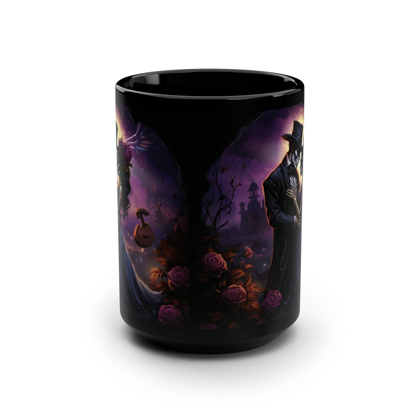 Black Mug, 15oz, Day of the Dead Dia de Los Muertos traditional couple print potrait Halloween season festive kitchen decor beverage cup