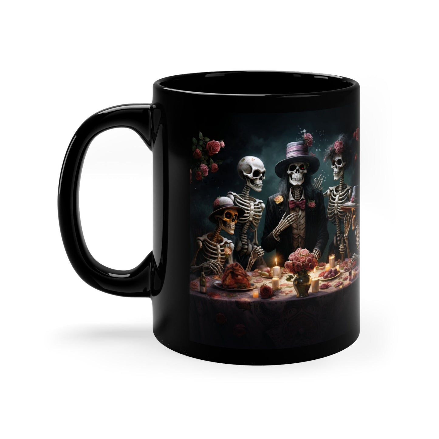 11oz Dia de Los Muertos Black Mug 11oz Day Of the Dead Halloween festive skeleton family dinner party portrait traditional Mexican art