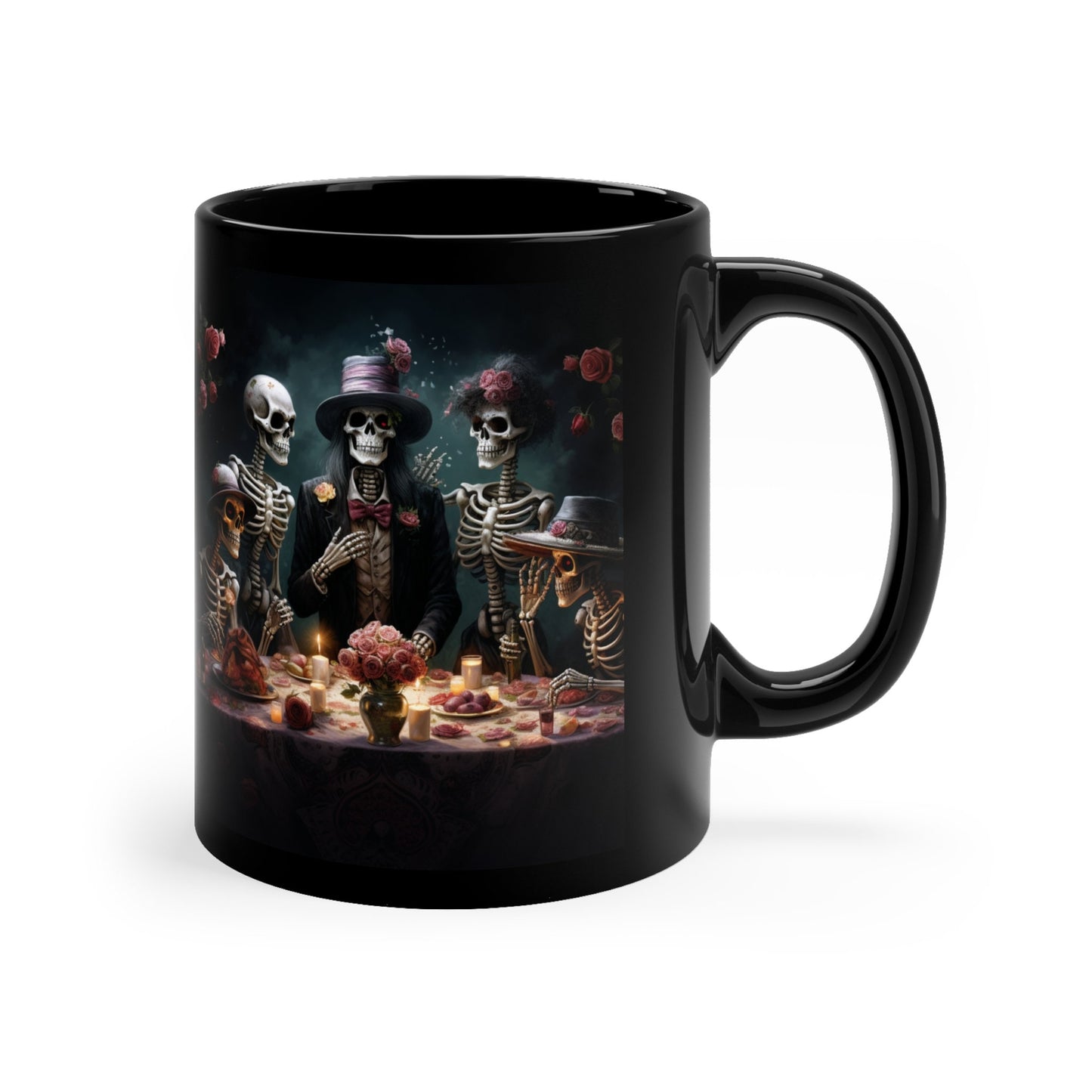 11oz Dia de Los Muertos Black Mug 11oz Day Of the Dead Halloween festive skeleton family dinner party portrait traditional Mexican art