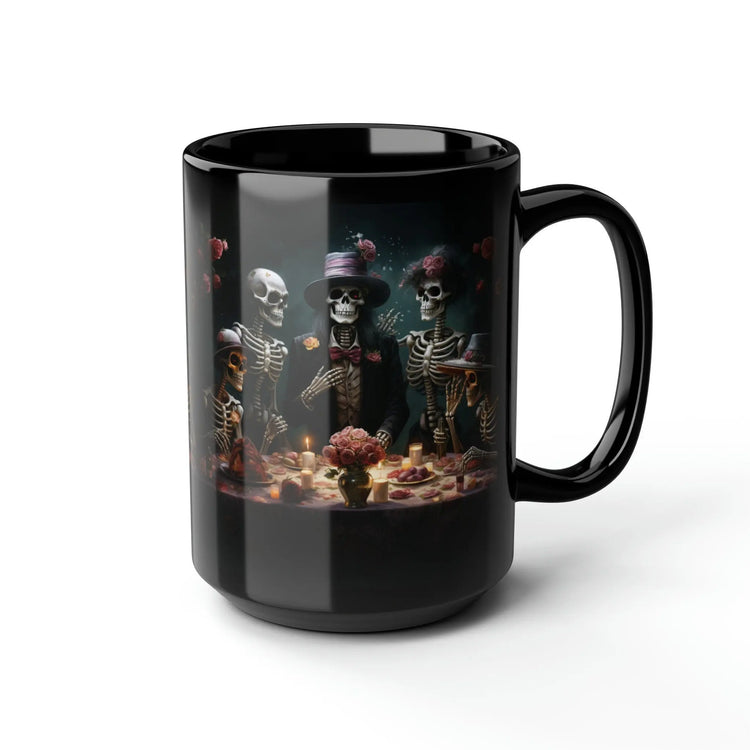 Black Mug, 15oz, Dia de Los Muertos Day Of the Dead Halloween festive family home single living traditional Mexican art kitchen beverage mug The Aurora Touch