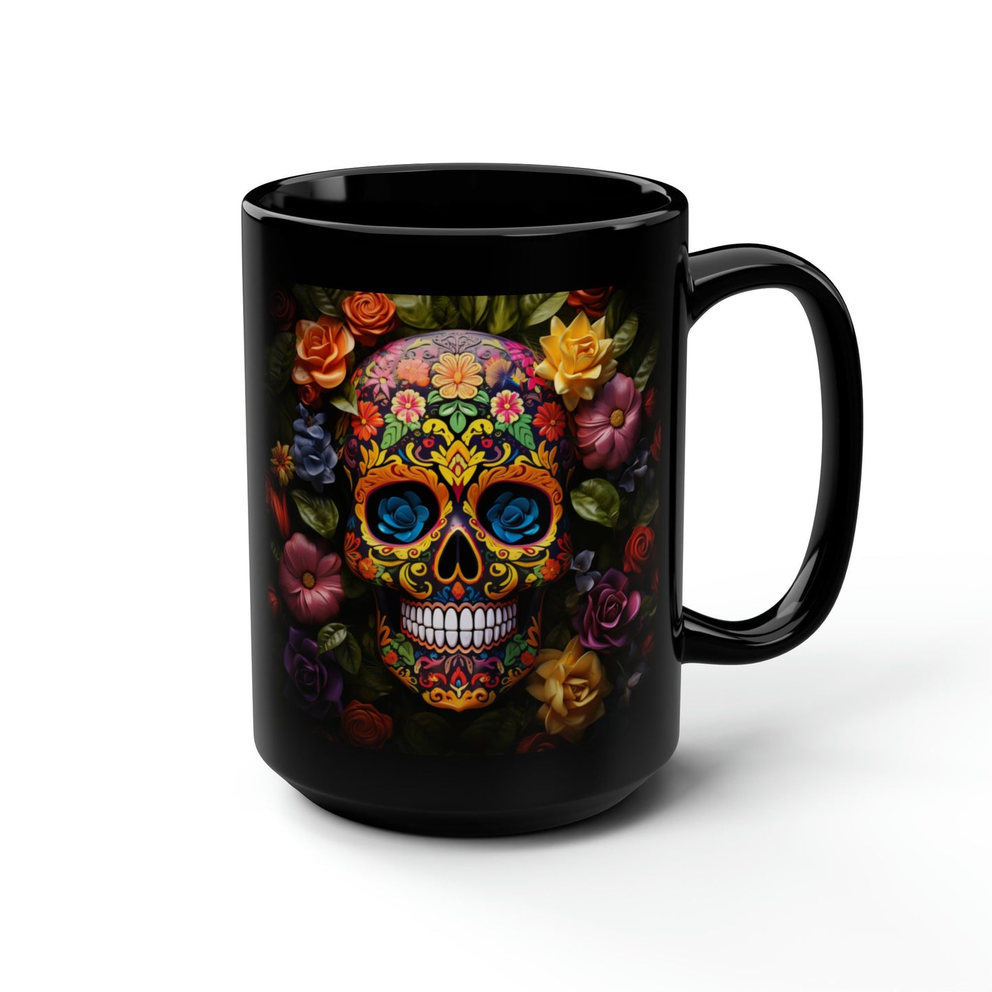 Black Mug, 15oz, Artistic Mug, Colorful Art, Day of The Dead, Dia de Los Muertos, Halloween Mug, Large Coffee Mug, Festive Mug, Holiday Mug