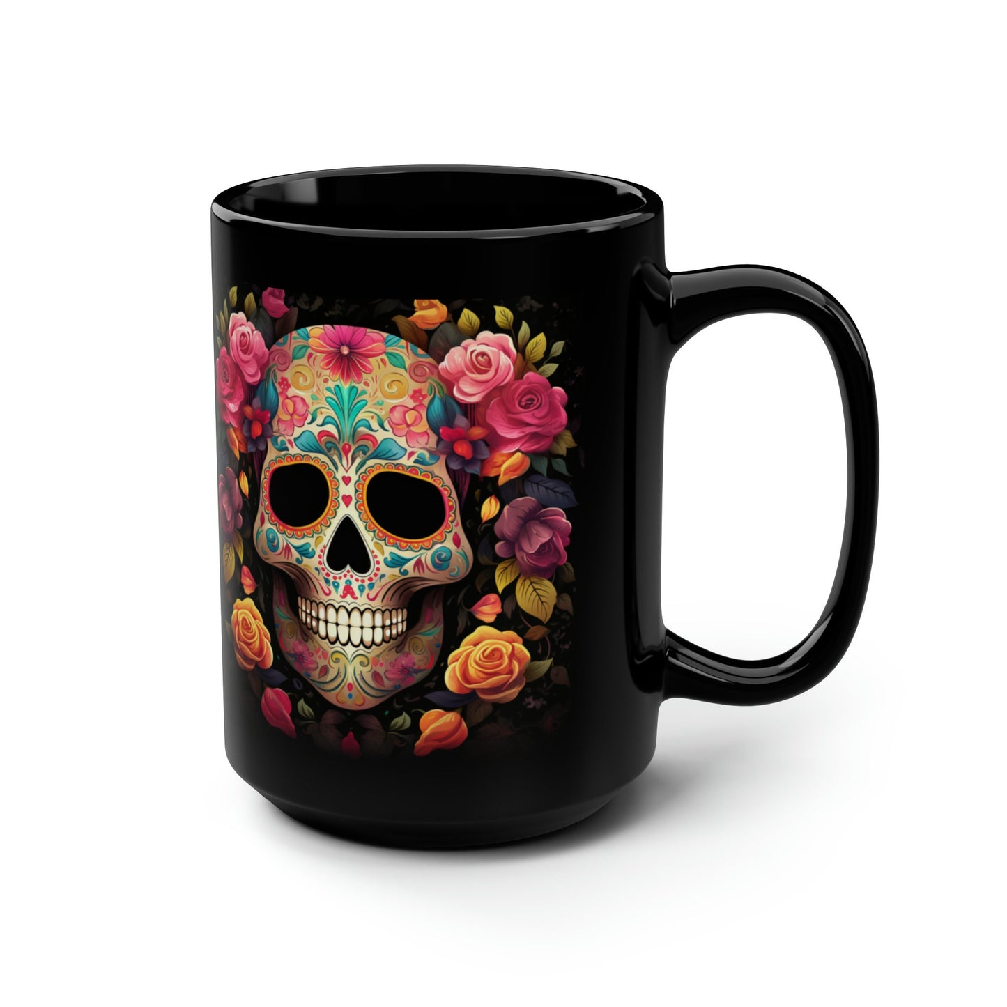 Black Mug, 15oz, Colorful Art, Cadaver, Day of The Dead, Dia de Los Muertos, Halloween Mug, Large Coffee Mug, Festive Mug, Holiday Mug