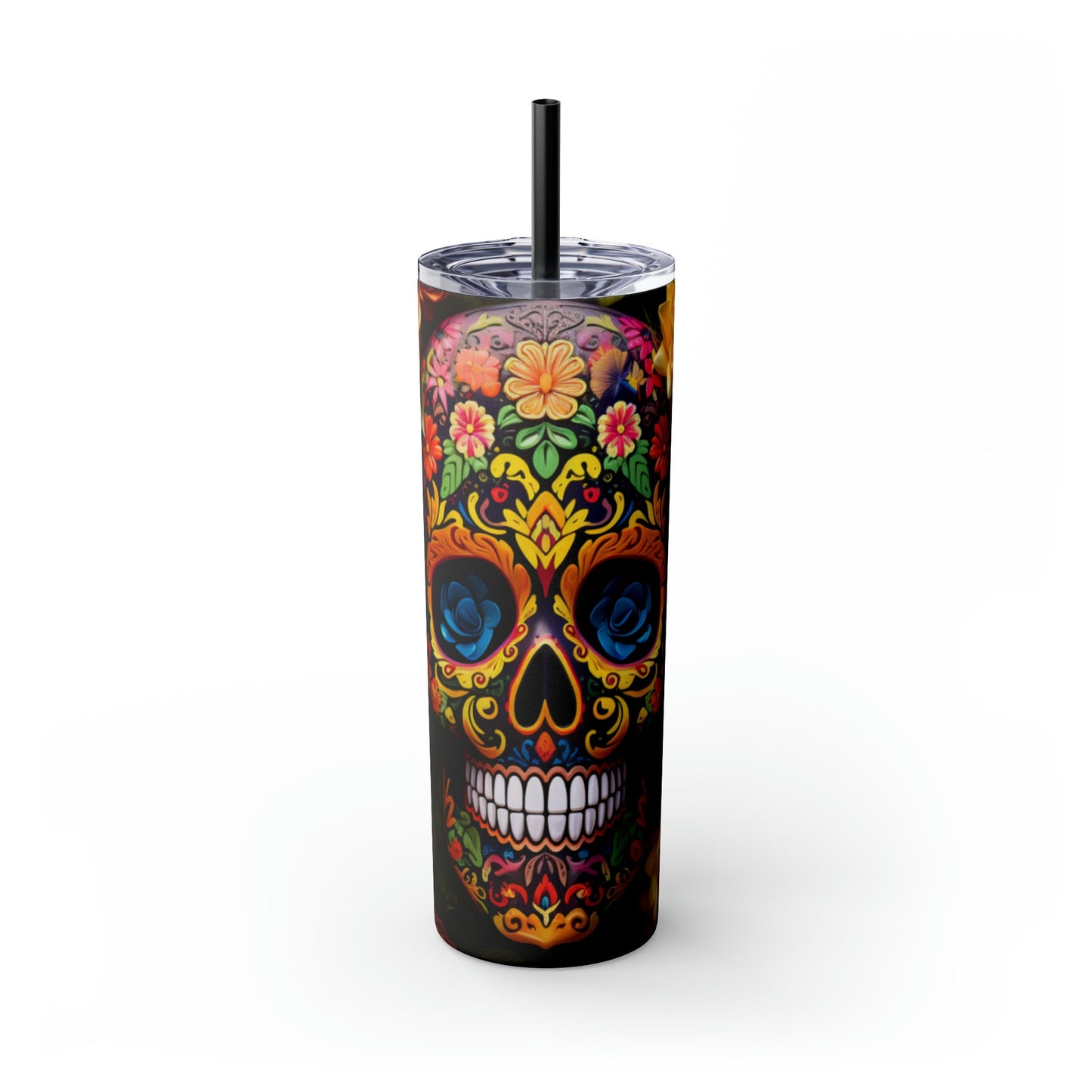 Skinny Tumbler with Straw, 20oz, Dia de Los Muertos, Day of the Dead, Halloween tumbler, Cadaver design, Artistic Tumbler, Colorful Tumbler
