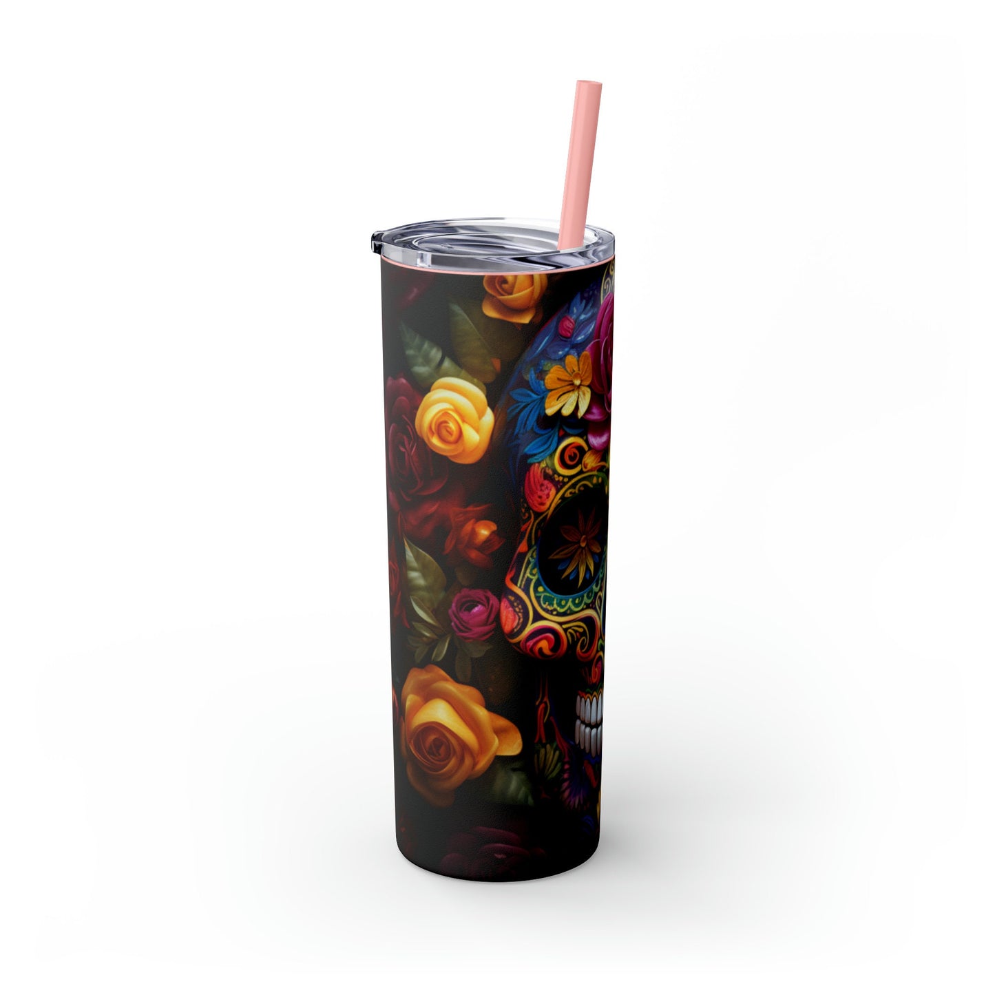 Dia de Los Muertos Skinny Tumbler, 20oz - Cadaver Design - Colorful Artistic Halloween Cup - Day of the Dead Mug, Holiday Tumbler