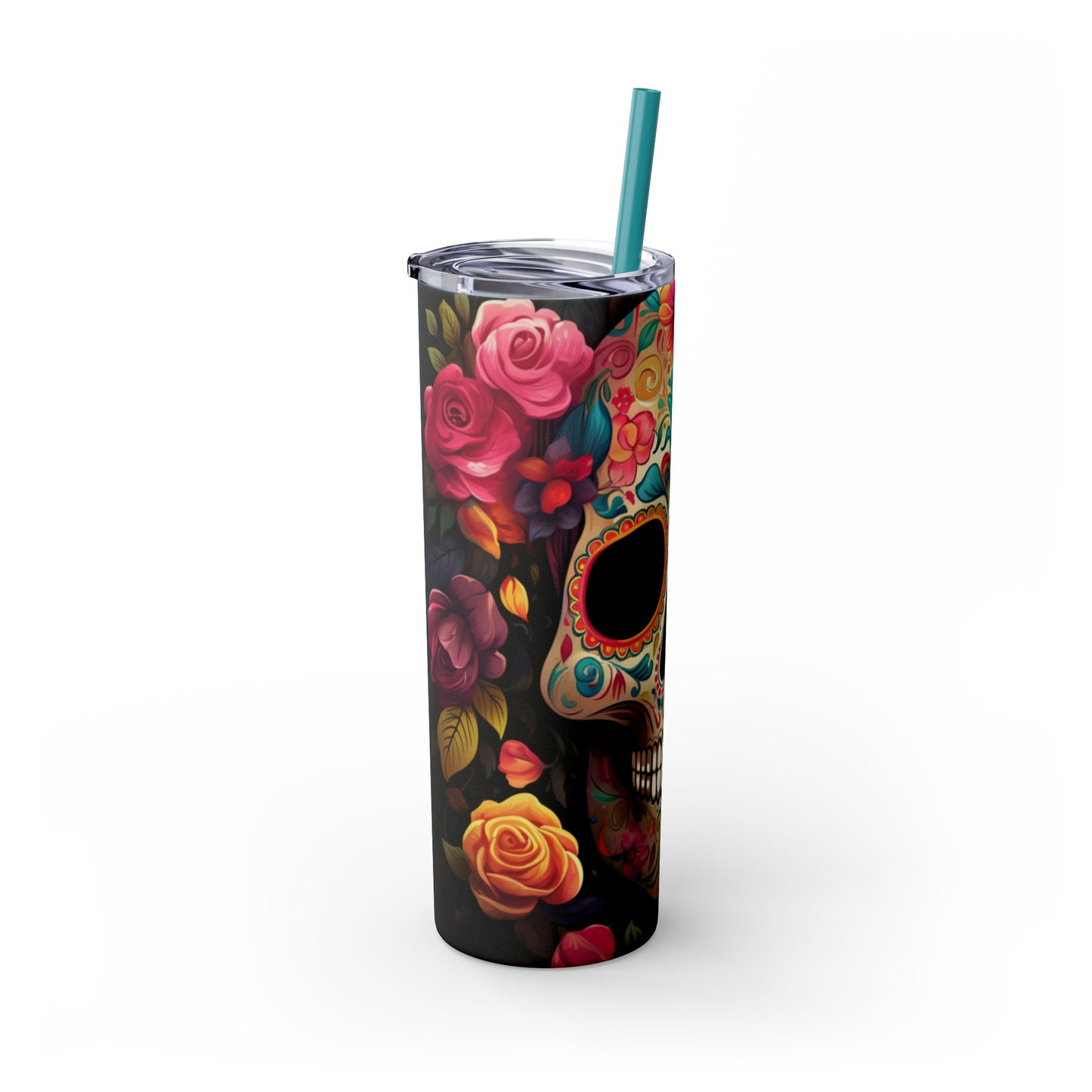 Dia de Los Muertos Skeleton Art Skinny Tumbler, Halloween Day of the Dead Colorful Cup, Cadaver Design Mug, Artistic Tumbler Gift, 20oz
