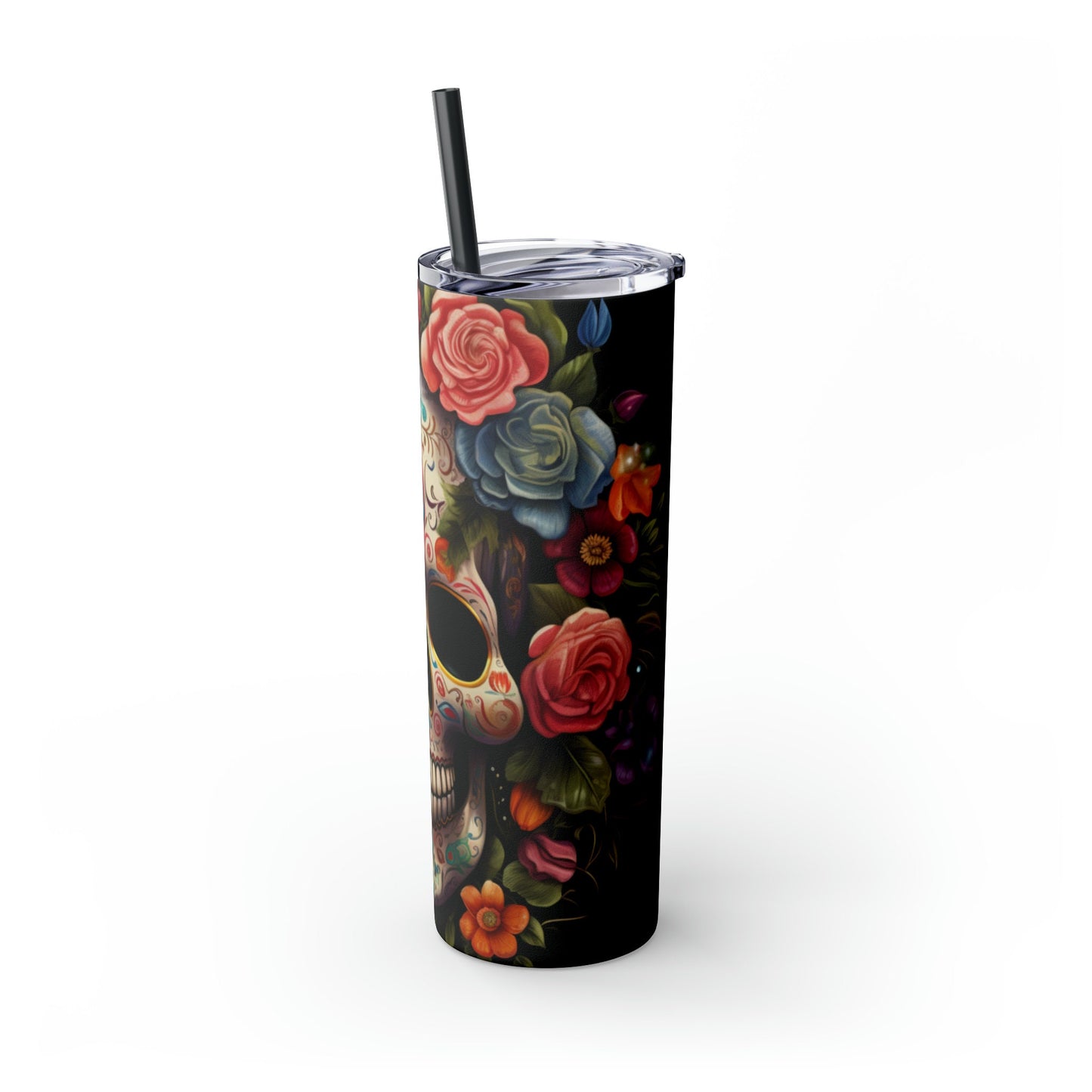 Skinny Tumbler with Straw, 20oz, Dia de Los Muertos day of the dead Mexican tradition artistic non- toxic hot cold carry around mug tumbler