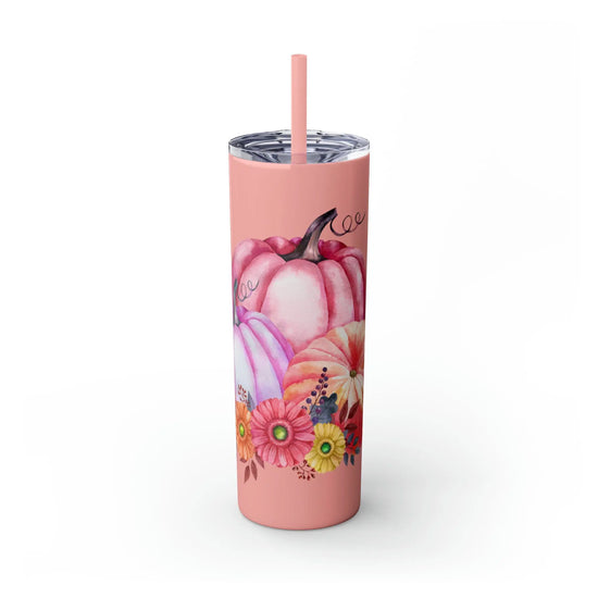 Skinny Tumbler with Straw, 20oz, Pumpkin design, Pink Tumbler, Fall Tumbler, Holiday Tumbler, Festive Tumbler, hot coffee tumbler The Aurora Touch