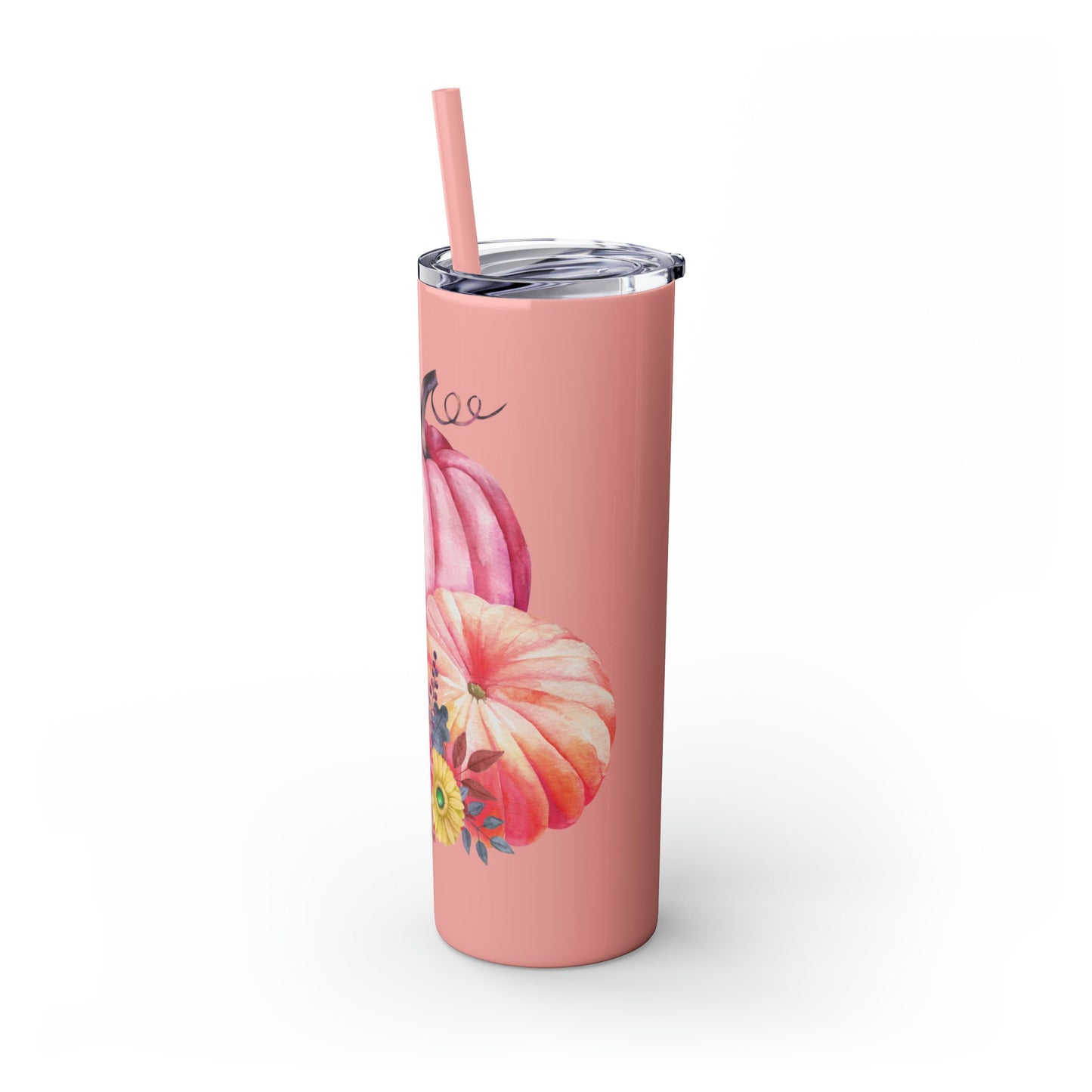 Skinny Tumbler with Straw, 20oz, Pumpkin design, Pink Tumbler, Fall Tumbler, Holiday Tumbler, Festive Tumbler, hot coffee tumbler