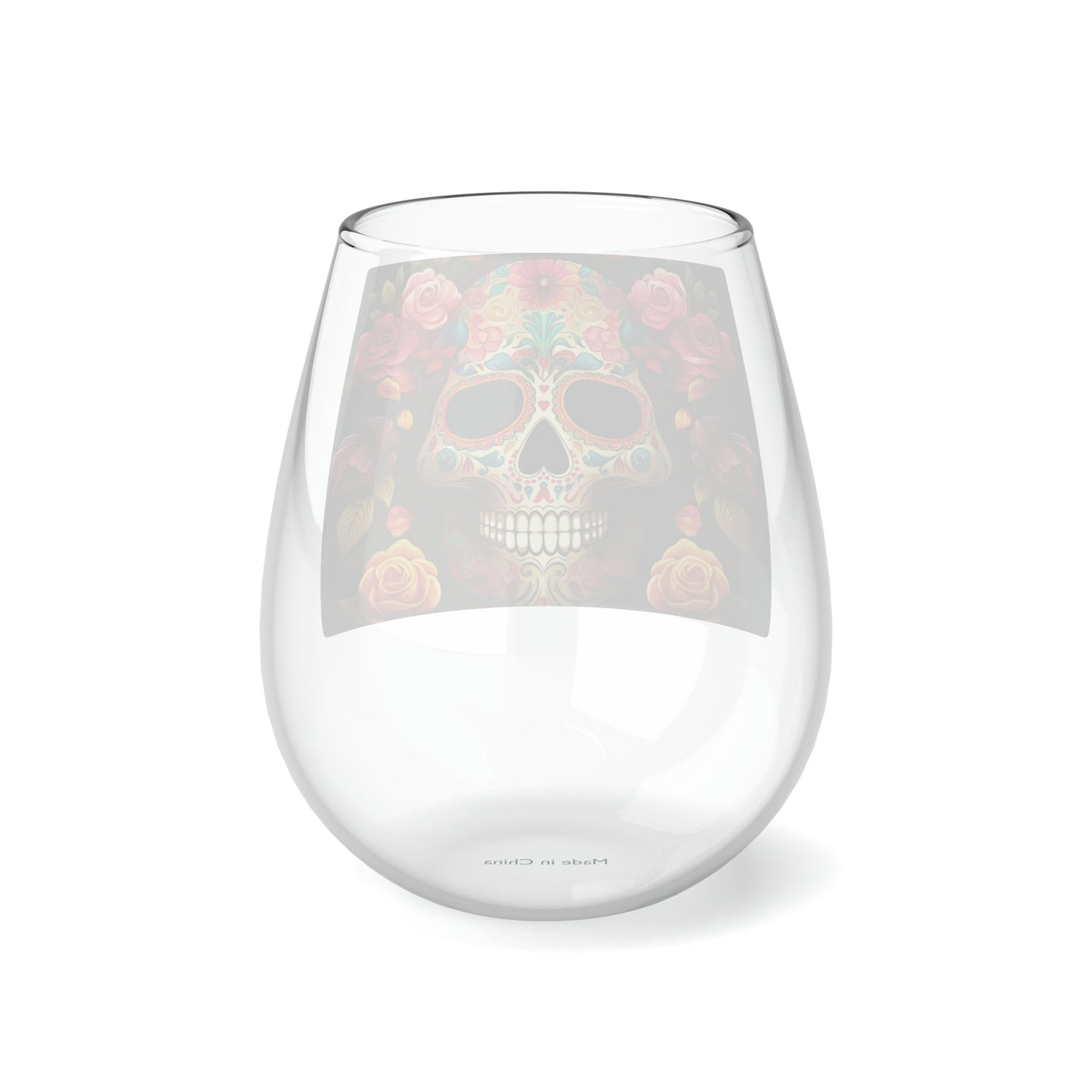 Stemless Wine Glass, 11.75oz Day of the Dead colorful sugar skull traditional portrait design social gathering wine glass