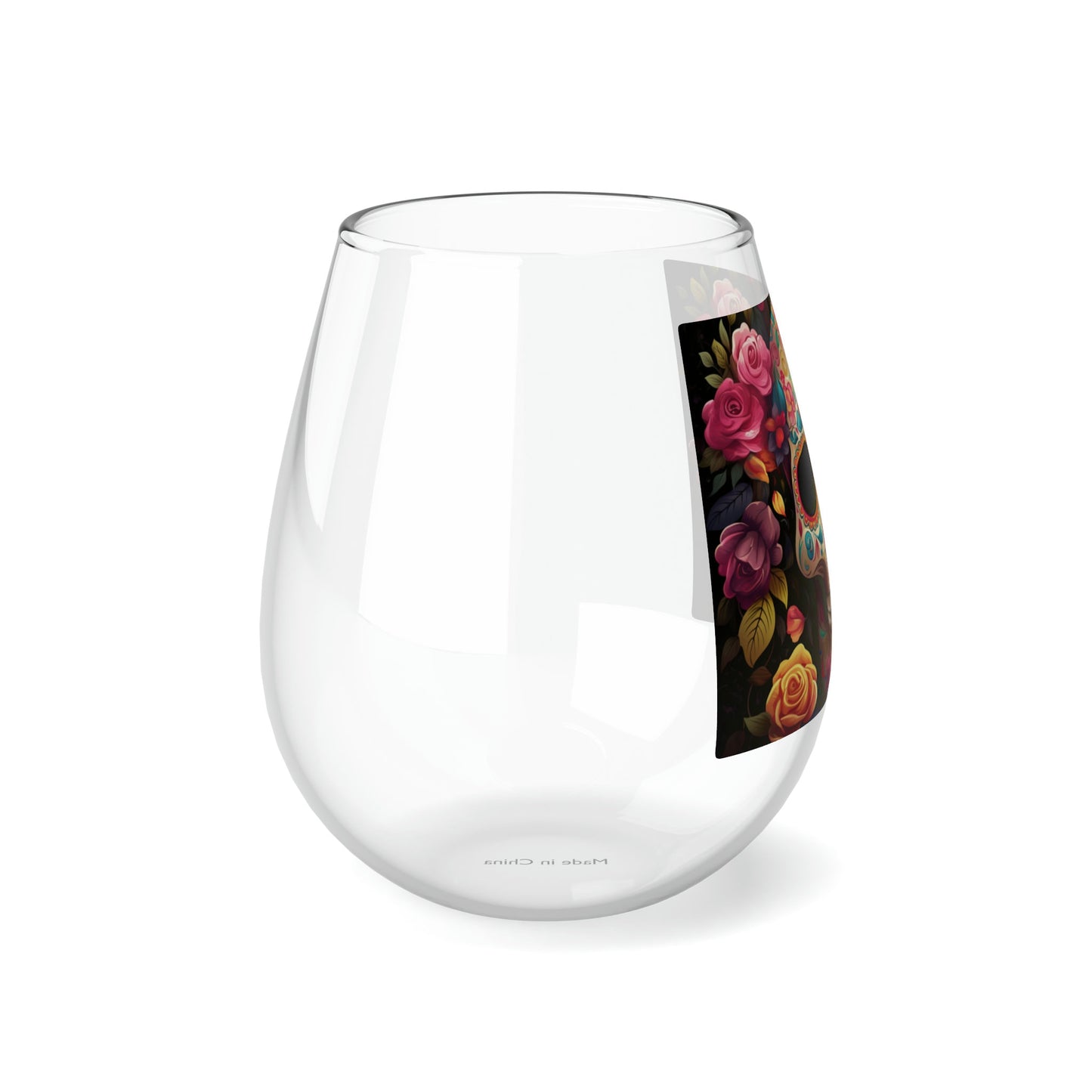 Stemless Wine Glass, 11.75oz Day of the Dead colorful sugar skull traditional portrait design social gathering wine glass