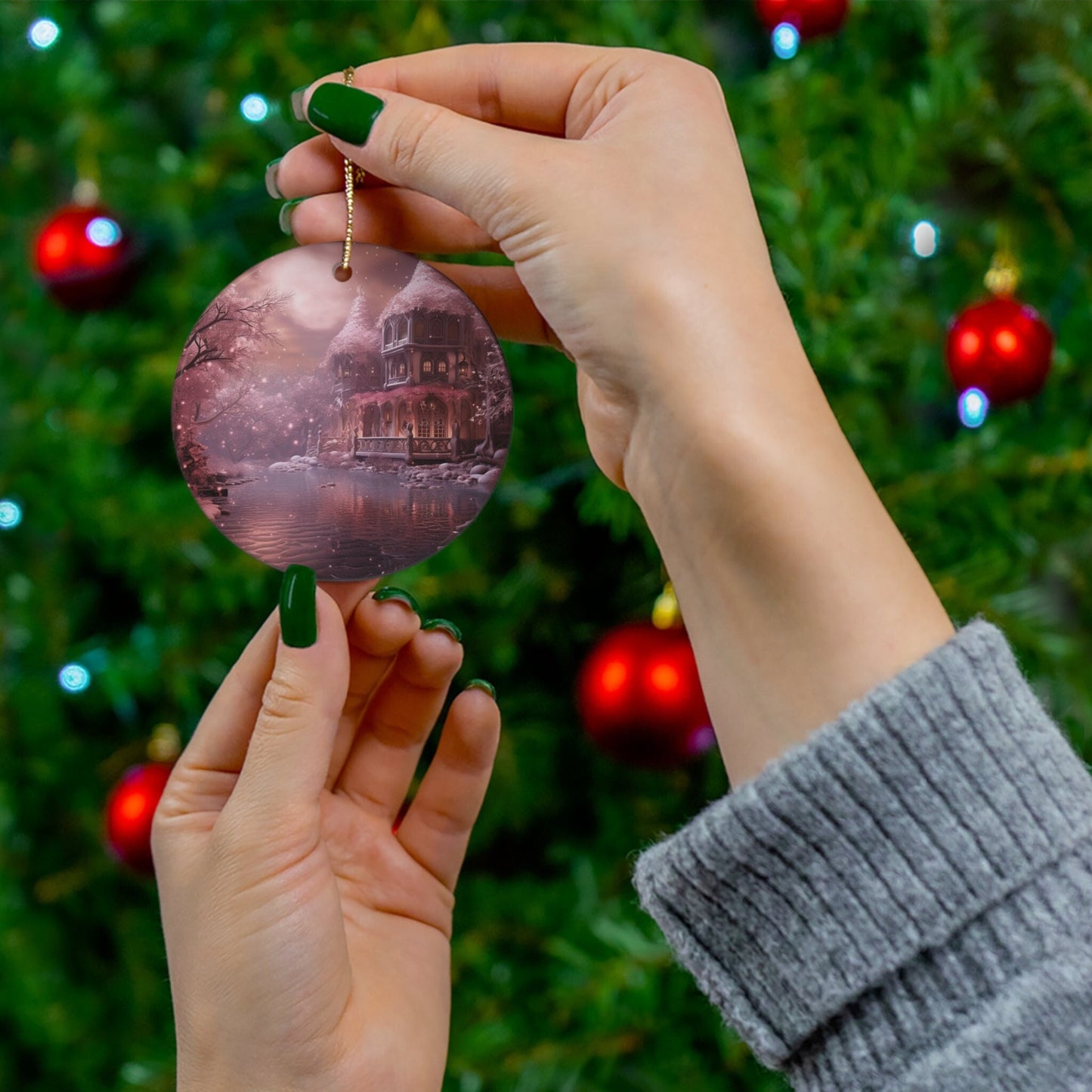 Ceramic Ornament, round ornament, pink decor, pink Christmas, Tree ornament, Decorative art