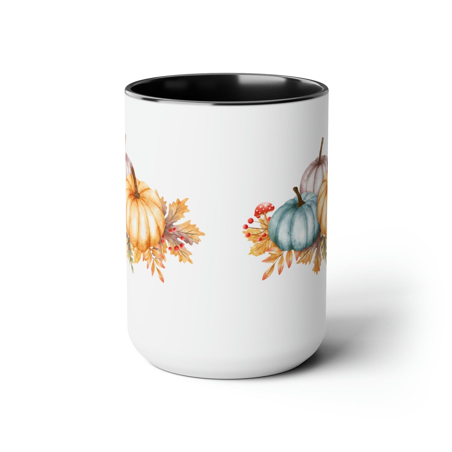 Two-Tone Coffee Mugs, 15oz, Fall November holiday colorful festive pumpkin design large coffee hot tea kitchen decor mug