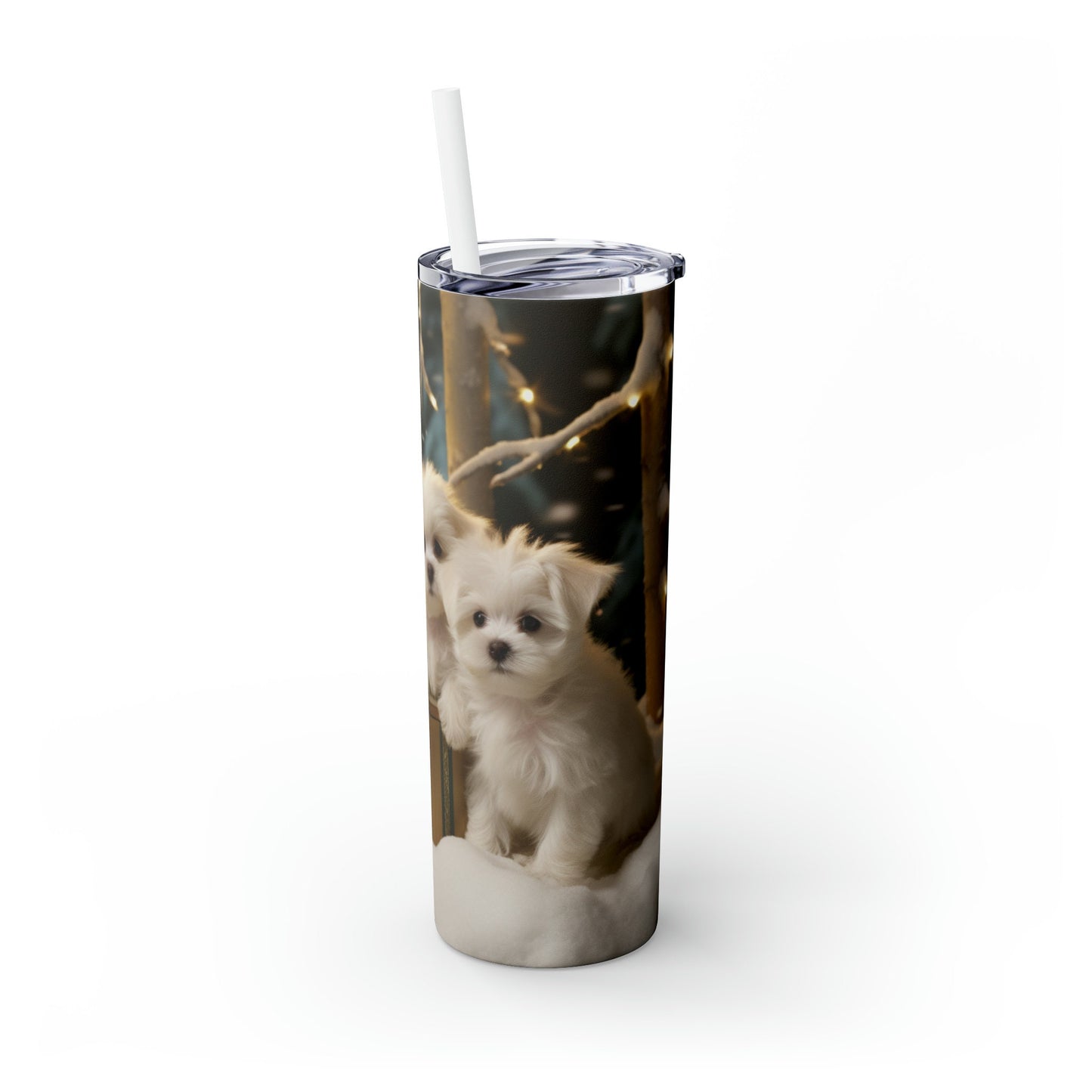Holiday Tumbler with Straw, 20 oz, maltese puppy,Designer tumbler, xmas gift, novelty gift, teachers gift, office gift, personalized gift
