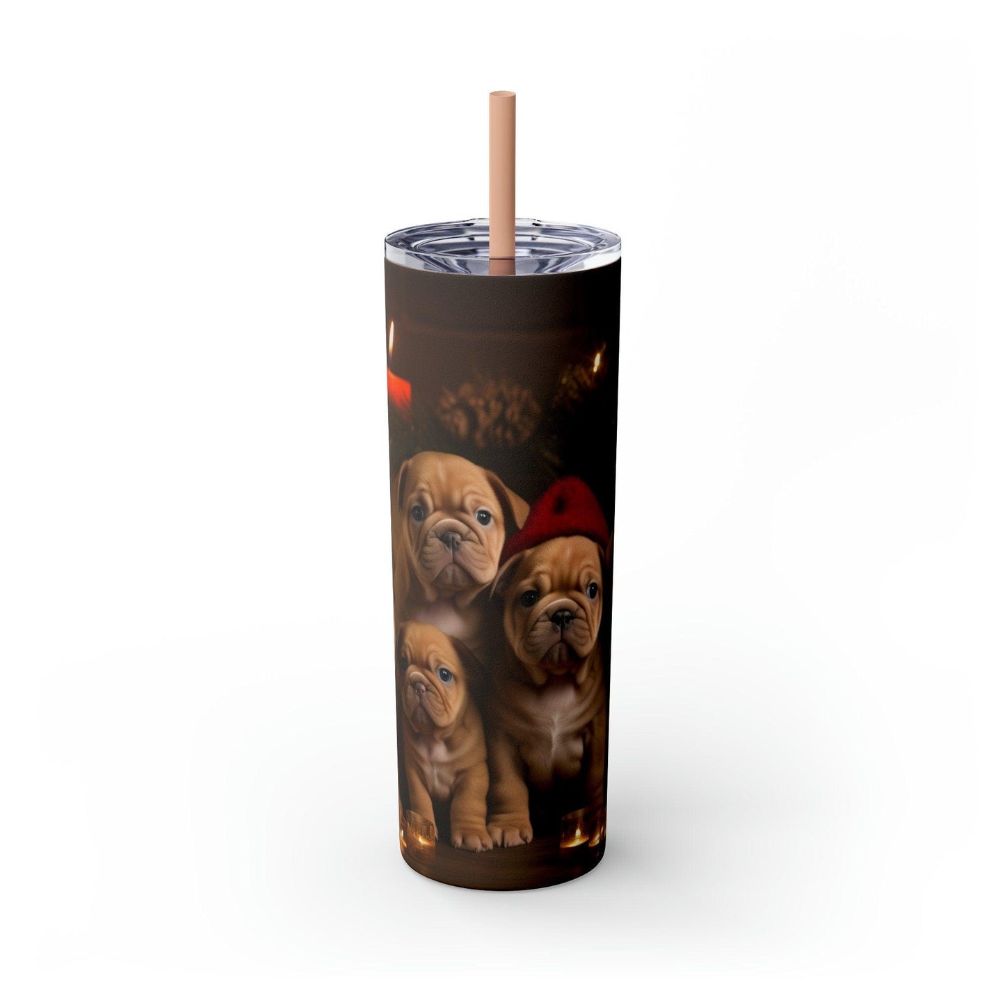 Xmas Holiday Skinny Tumbler with Straw, 20oz - Puppy Xmas, Holiday cups, Travel mug, Pet lover gift, Holiday portraits